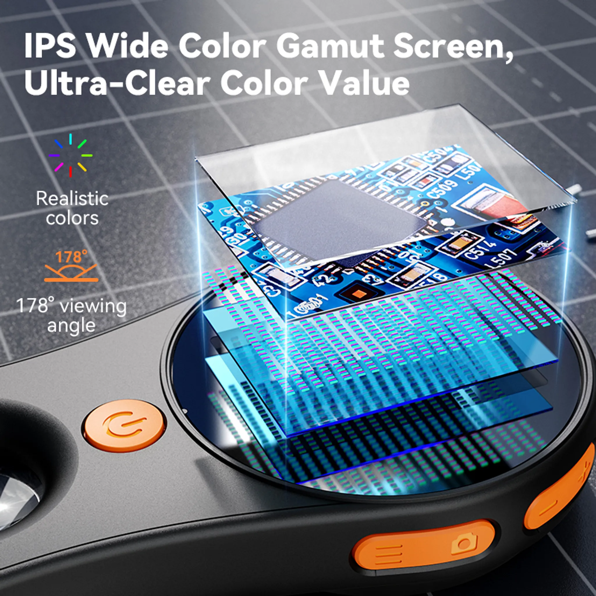 Nahaufnahme eines Handheld-Geräts mit einer Leiterplatte. Orangefarbene Tasten und ein Bildschirm mit blauen und grünen Details sind sichtbar.