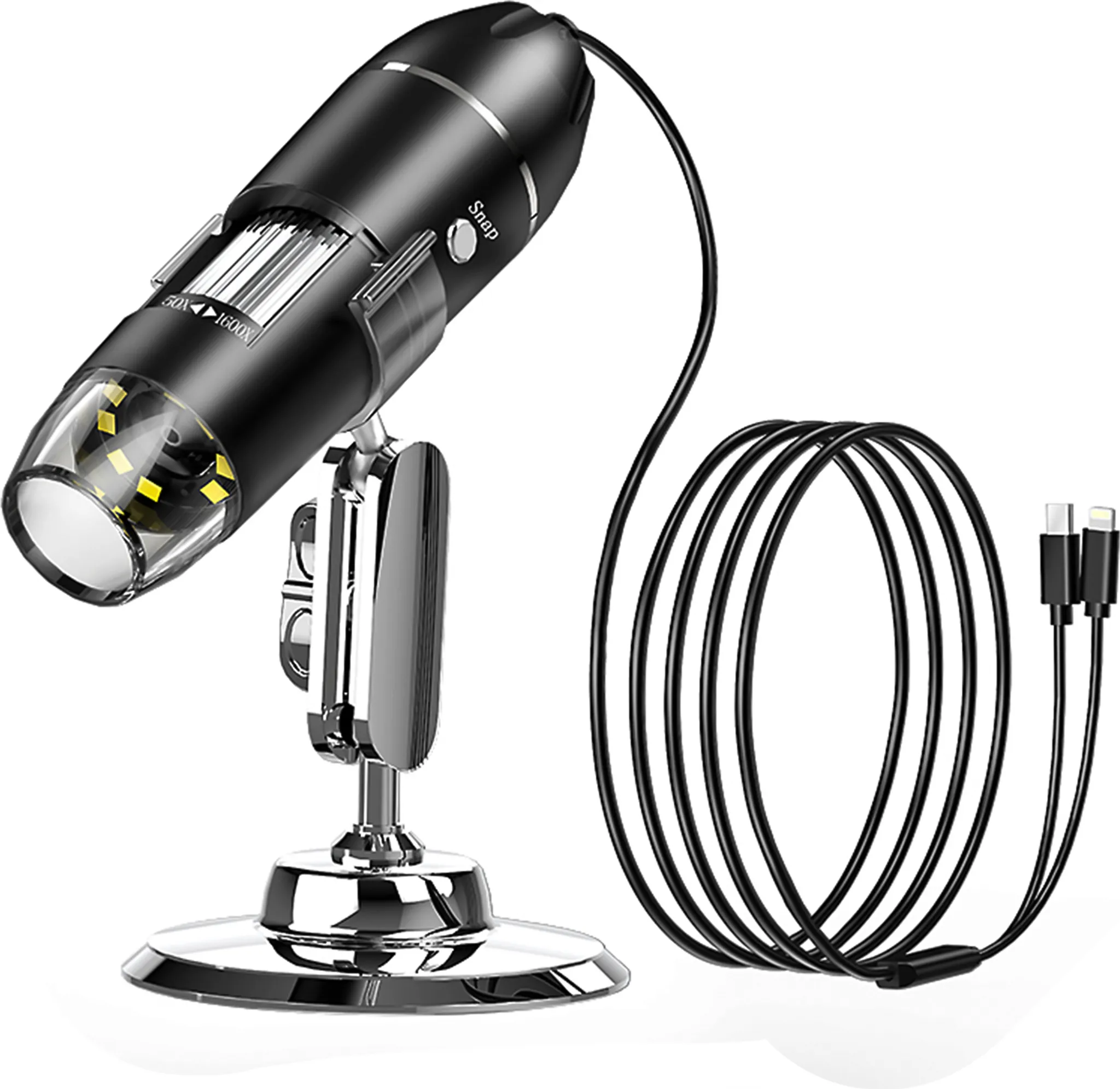 Schwarzes digitales Mikroskop mit Ständer, Spiralkabel und USB-Anschlüssen. Mit 'Snap'-Taste und Vergrößerungsstufen.