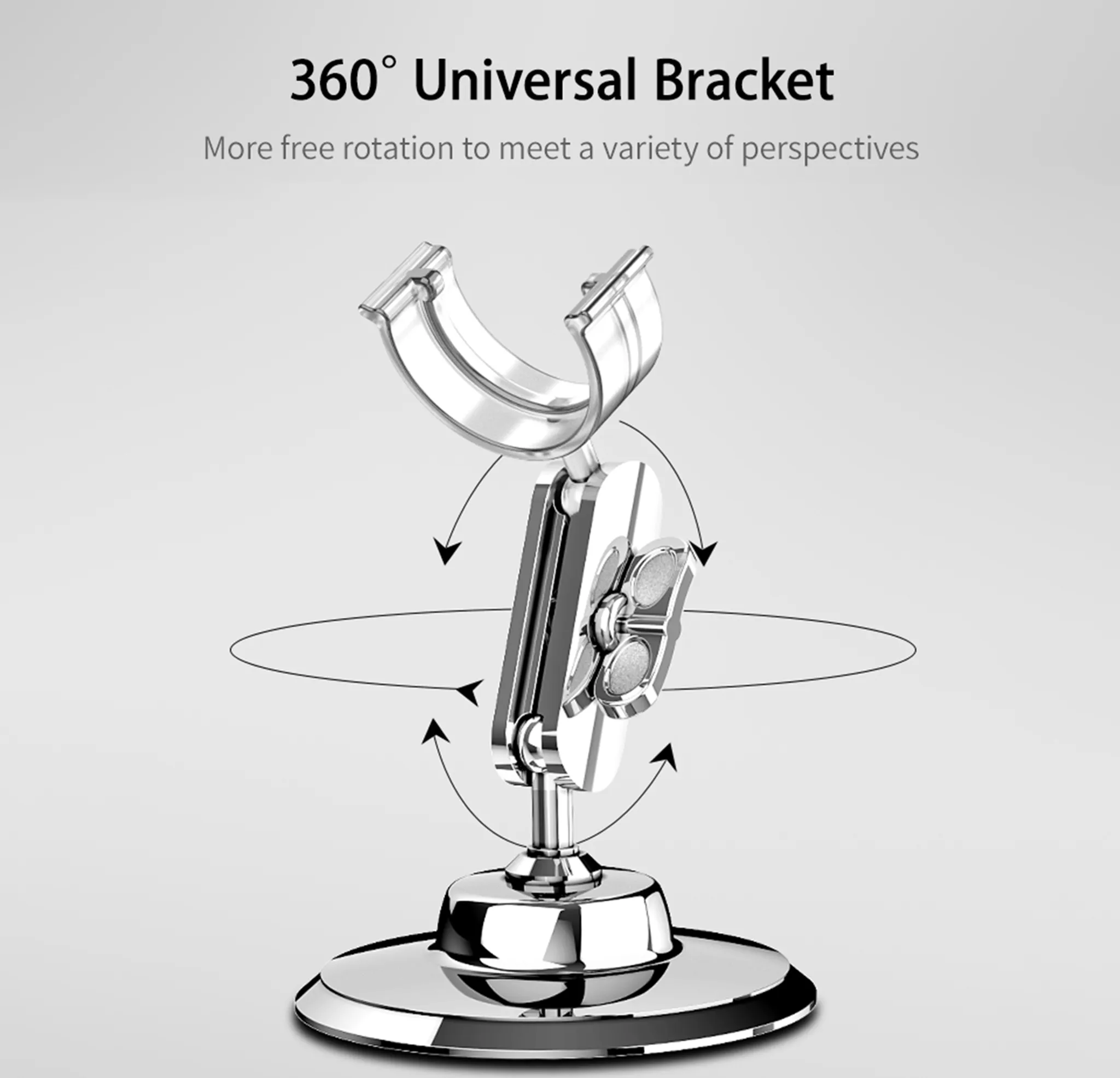 Eine 360°-Universalhalterung mit Pfeilen, die die Drehung anzeigen. Sie hat eine glänzende Silberoberfläche und eine kreisförmige Basis.