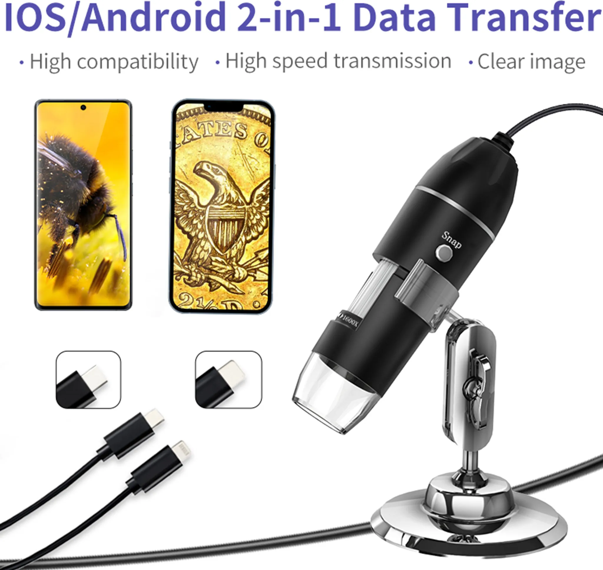 Das Bild zeigt ein Mikroskop, zwei Telefone mit Bildern auf dem Bildschirm und zwei schwarze Kabel.