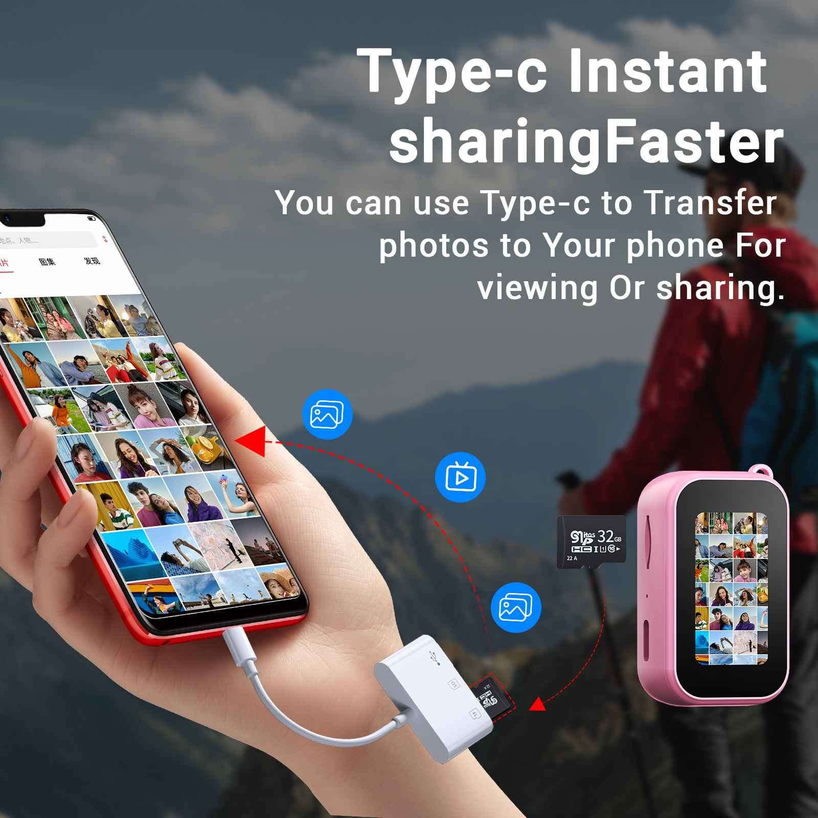 Eine Hand hält ein Telefon mit Fotos, verbunden mit einem rosa Gerät über einen weißen Adapter, Text: Type-c sharing.