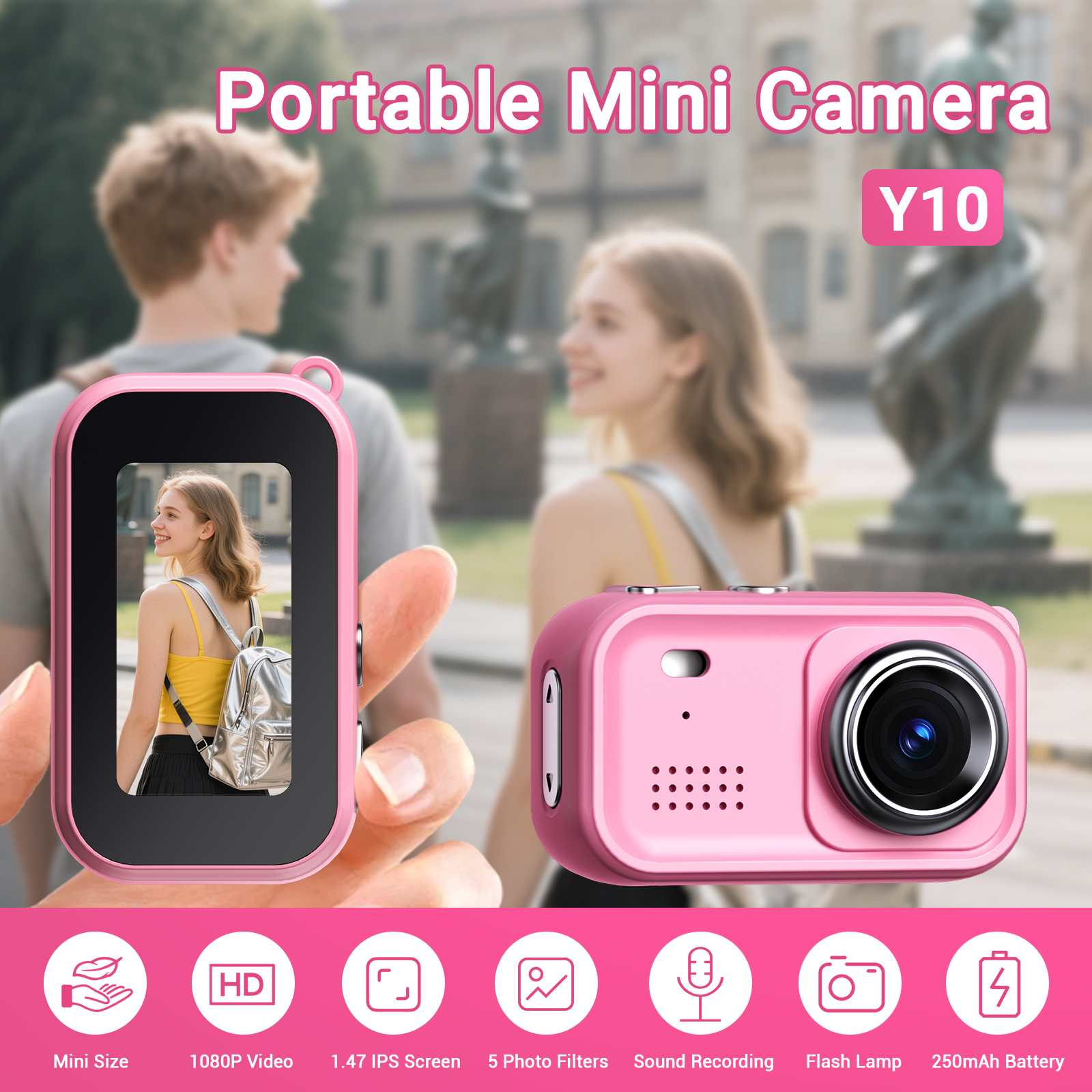 Rosa Mini-Kamera mit zwei Personen im Hintergrund. Die Kamera hat einen Bildschirm, der ein Mädchen mit gelbem Top zeigt.