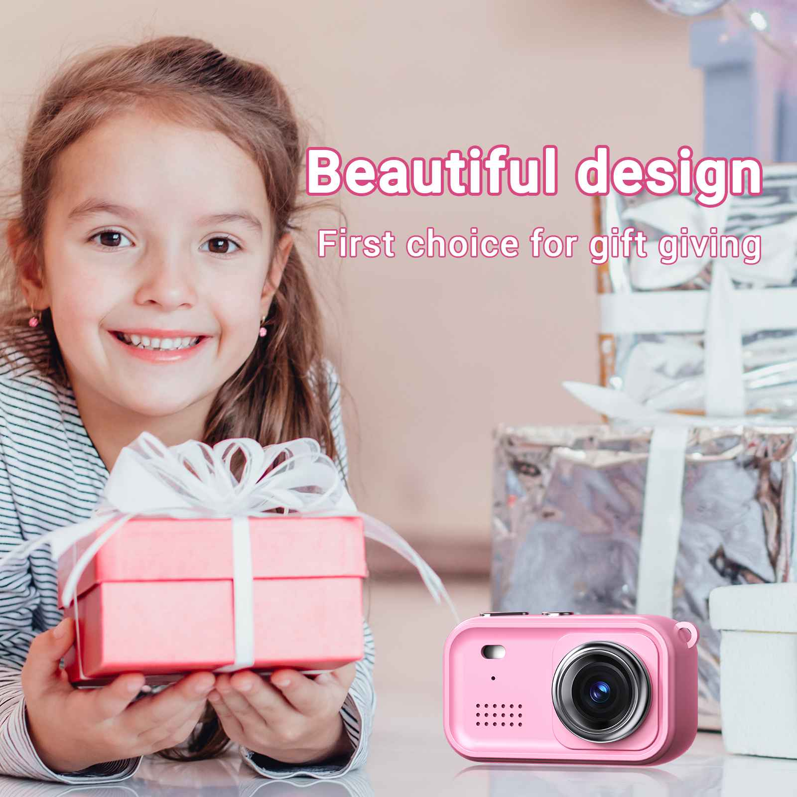 Ein Mädchen hält eine rosa Geschenkbox und eine rosa Kamera. Der Text oben lautet 'Schönes Design', dann 'Erste Wahl zum Schenken'.