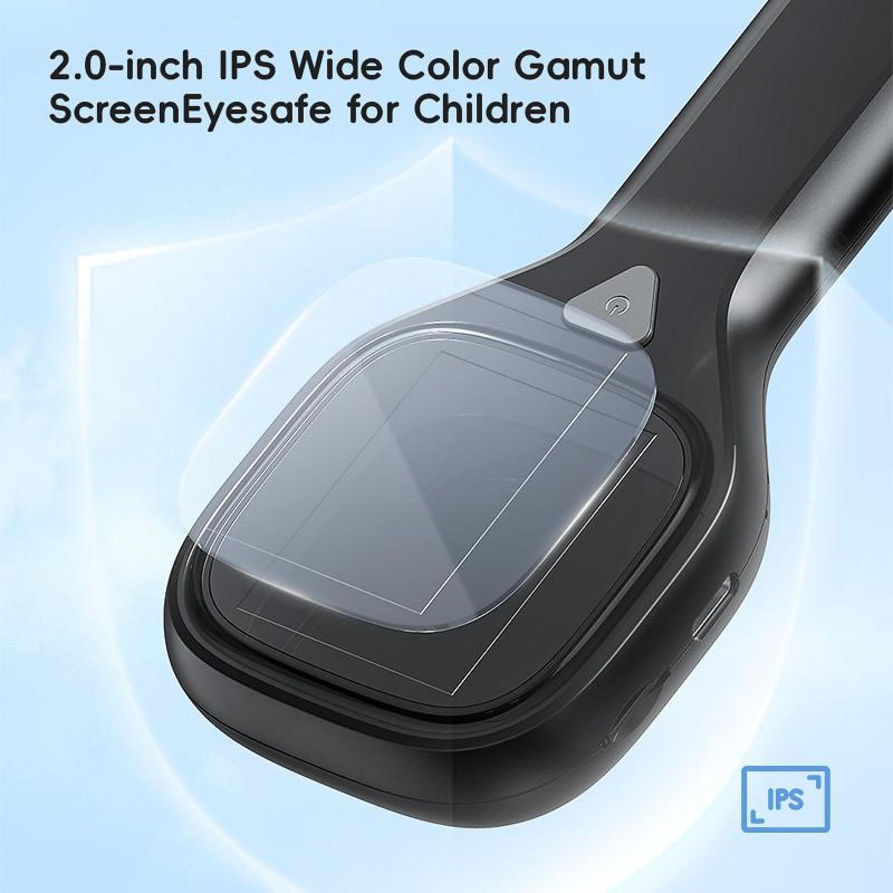 Ein Handheld-Gerät mit Displayschutzfolie. Text sagt '2,0-Zoll IPS Wide Color Gamut ScreenEyesafe for Children'.