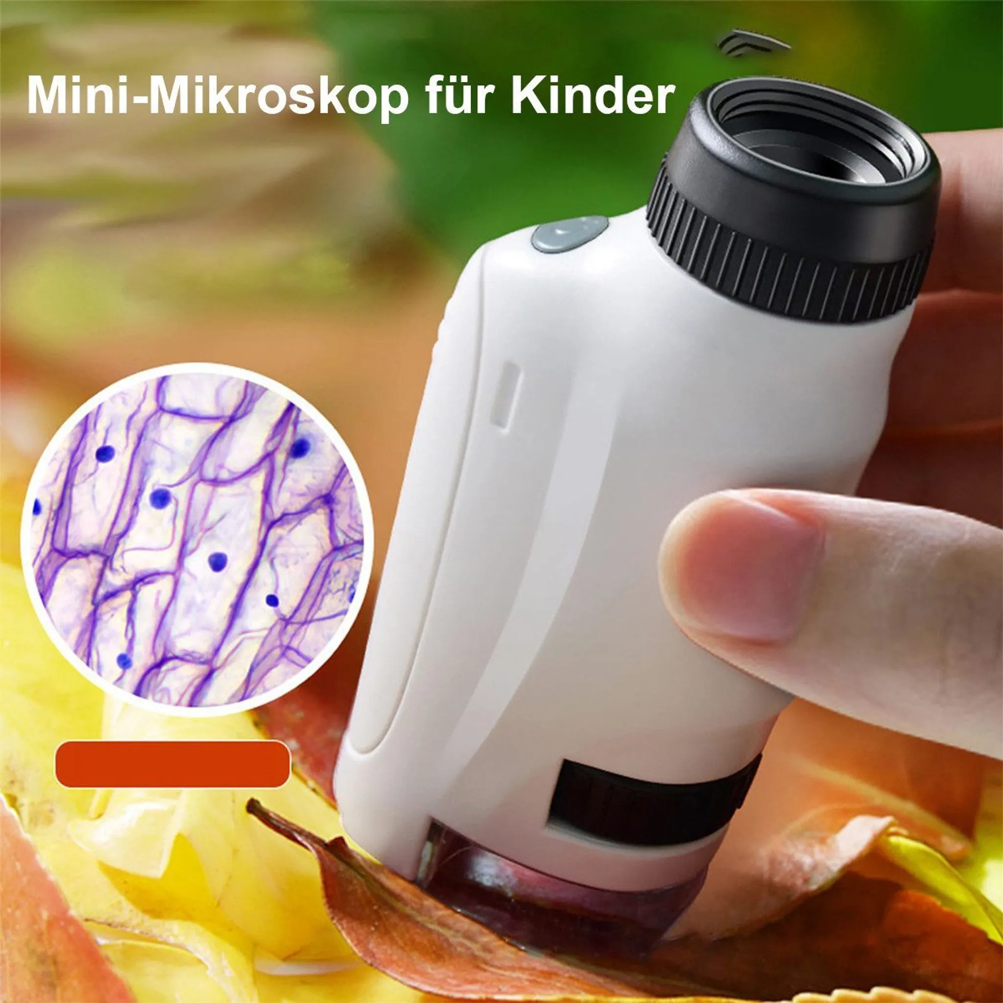 Ein weißes Mikroskop wird gehalten. Eine Zellprobe wird gezeigt. Gelbe und braune Blätter sind im Hintergrund.