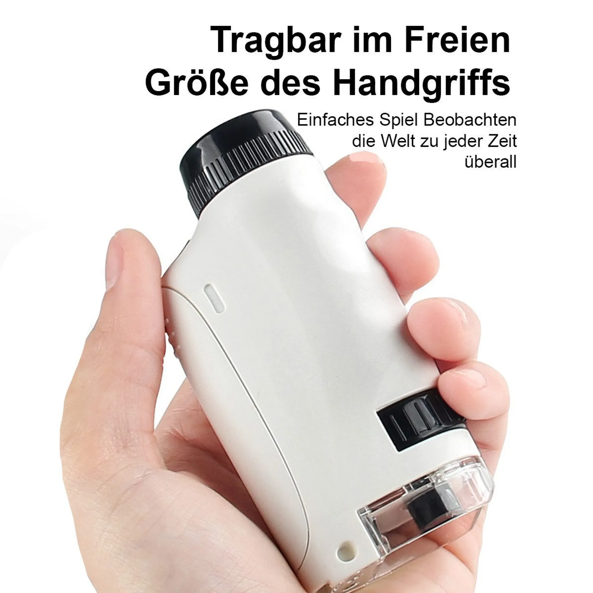 Ein weißes Handgerät wird von einer Hand gehalten. Der Text oben lautet: Tragbar, Größe des Griffs. Es ist eine Lupe.
