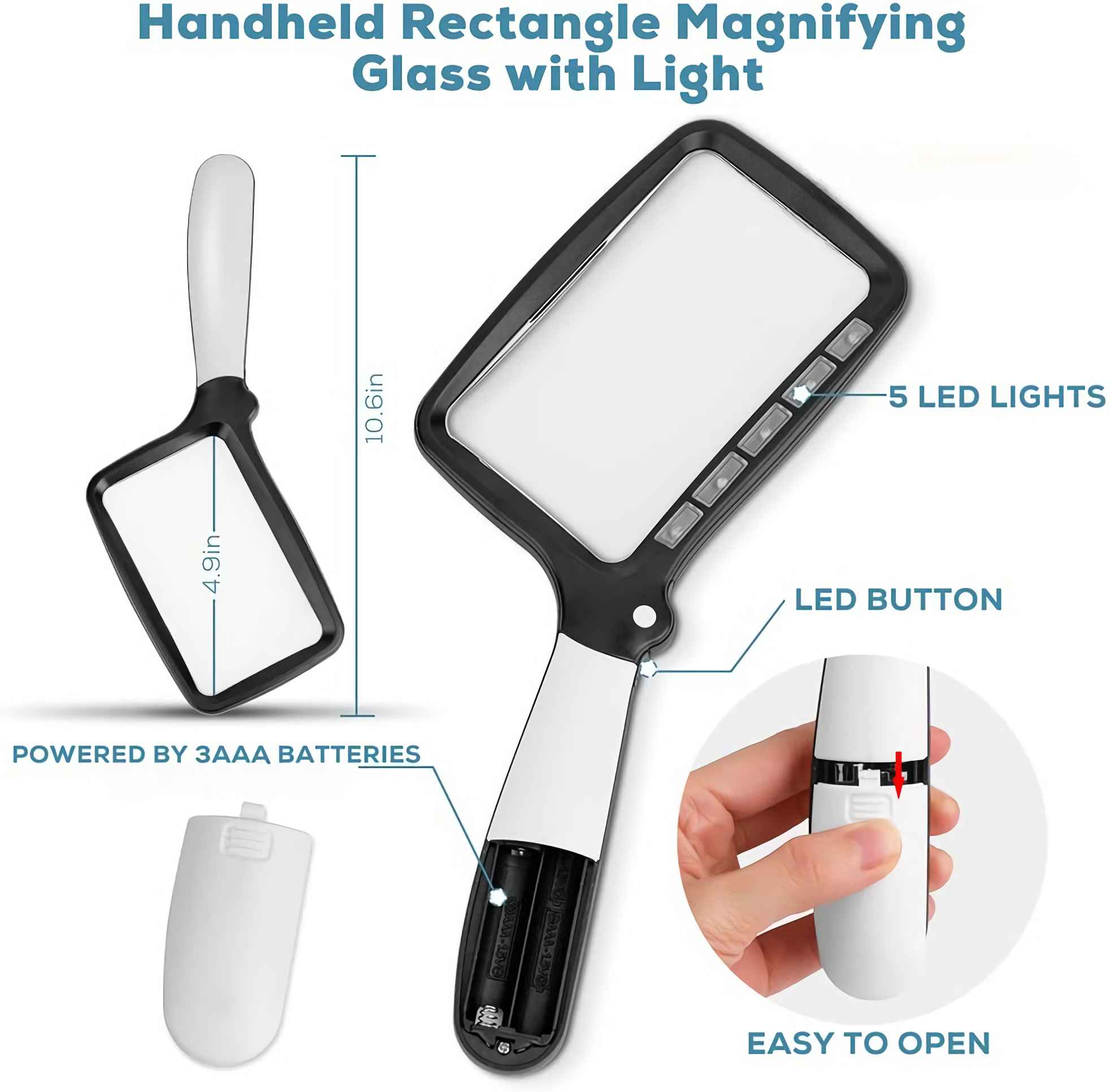 Eine handliche Lupe mit Licht, schwarz und weiß, mit 5 LED-Leuchten, betrieben mit 3AAA-Batterien.