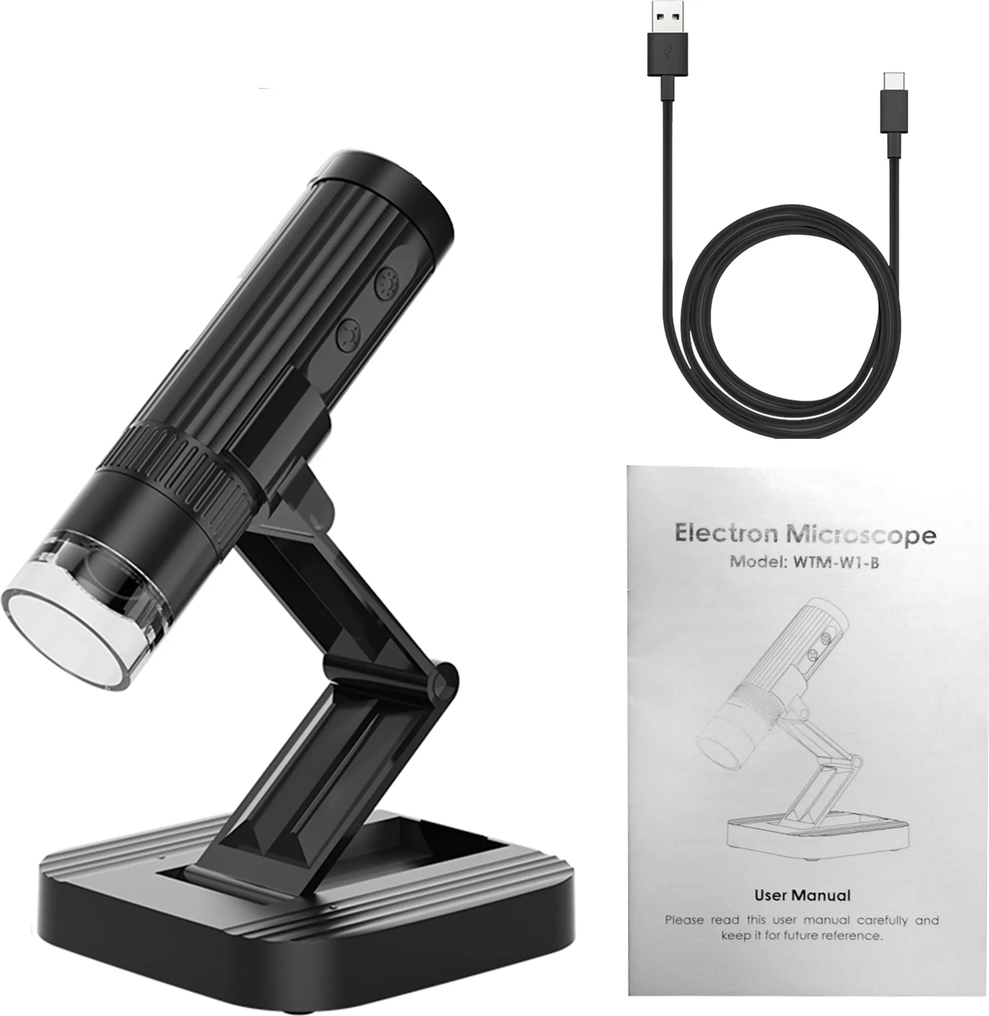 Schwarzes Elektronenmikroskop mit Ständer, USB-Kabel und Bedienungsanleitung.