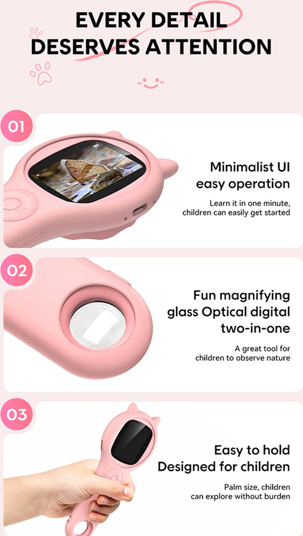 Rosa digitales Vergrößerungswerkzeug für Kinder. Verfügt über einen Bildschirm, eine Lupe und wird von einer Hand gehalten. Text hebt die Benutzerfreundlichkeit hervor.