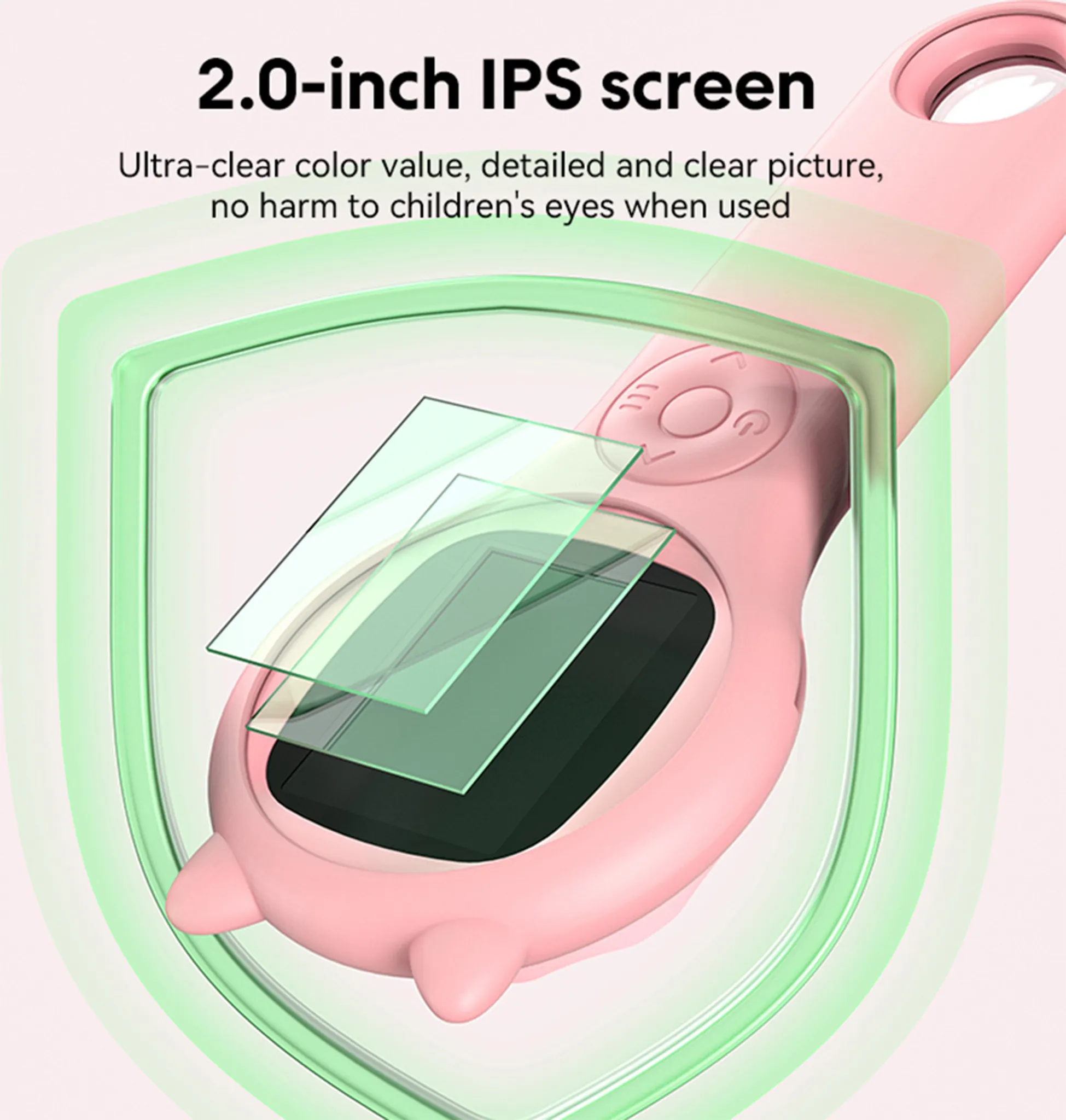 Rosa Handheld-Gerät mit Bildschirm, Tasten und Schlaufe. Text: '2,0-Zoll-IPS-Bildschirm'.