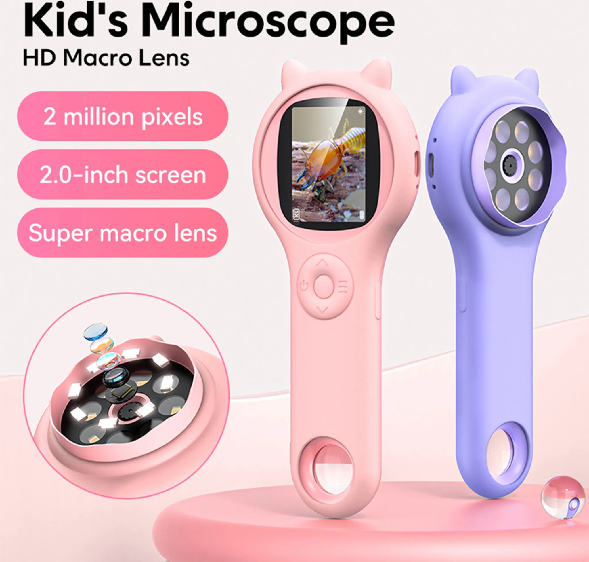 Ein rosa und ein lila Mikroskop für Kinder mit Bildschirm und Katzenohren. Details: 2 Millionen Pixel, 2,0-Zoll-Bildschirm, Super-Makro-Objektiv.