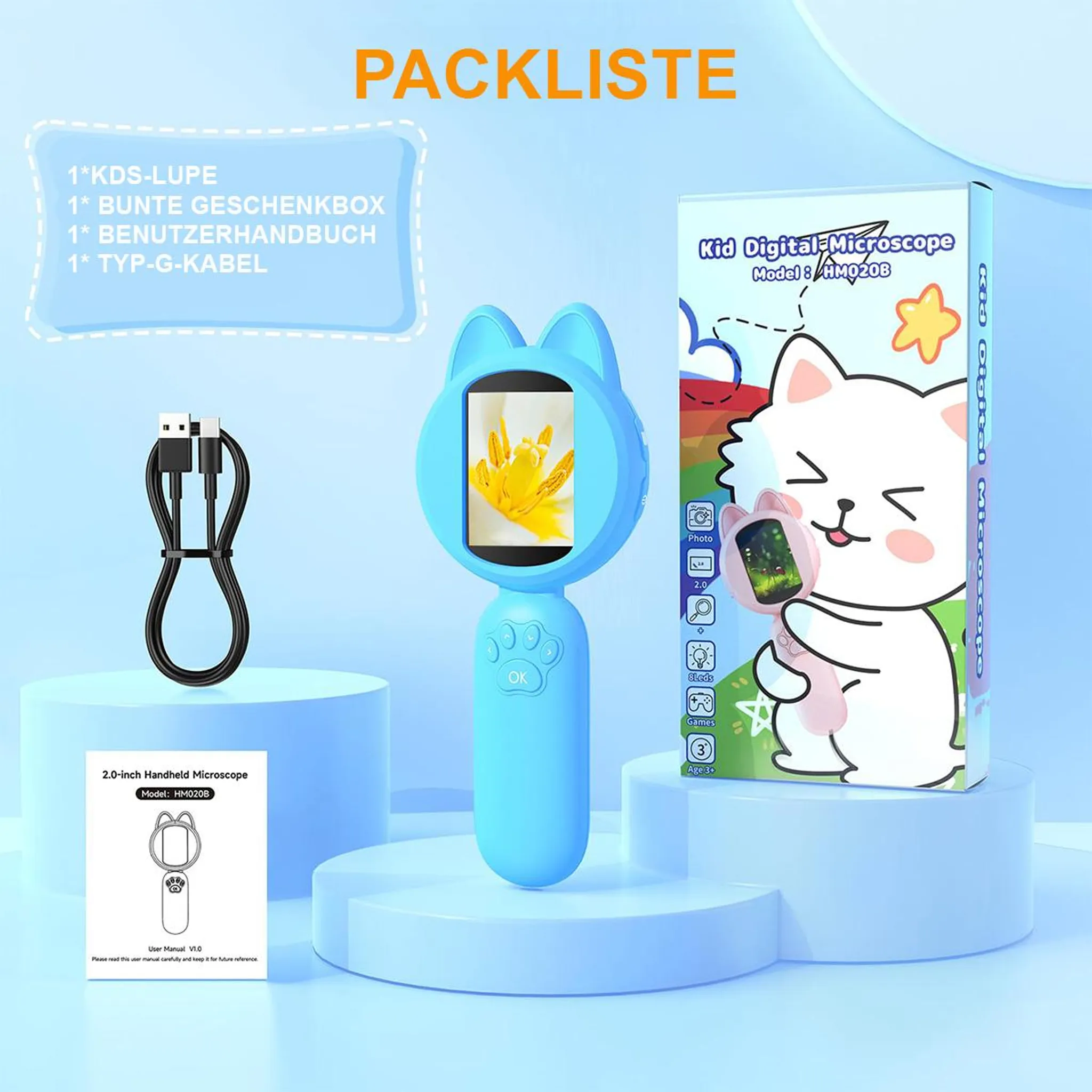 Ein blaues Handmikroskop mit Katzenohren, eine Box mit einer Katzenillustration und ein schwarzes USB-Kabel.
