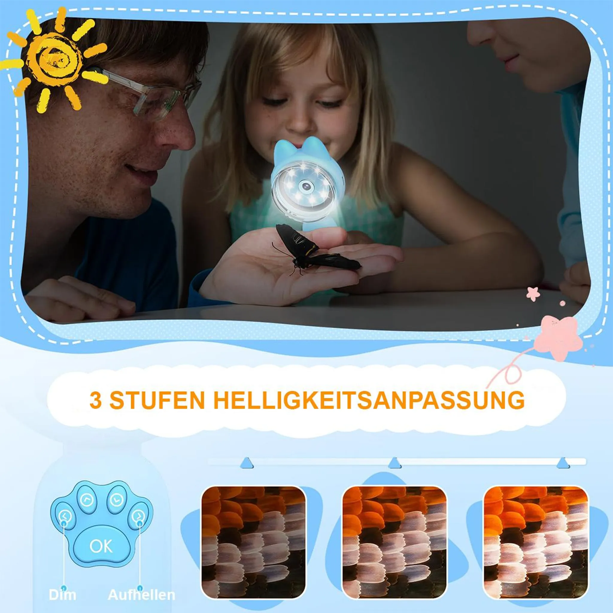 Ein Mädchen und zwei Erwachsene betrachten einen Schmetterling unter blauem Licht. Das Bild hat eine Produktwerbung mit Helligkeitseinstellungen.