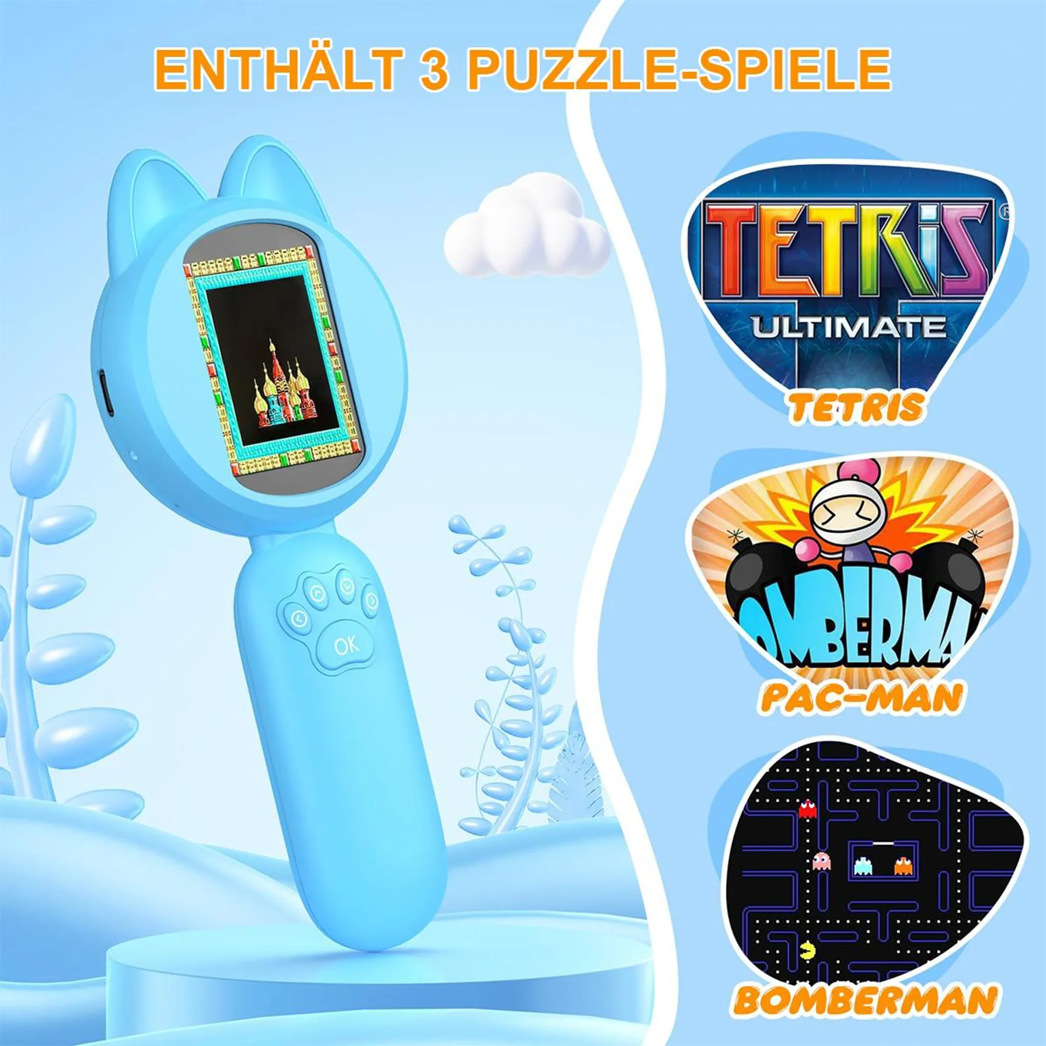 Ein blaues Handheld-Spielgerät im Katzenohren-Design mit Tetris, Pac-Man und Bomberman-Spielen.