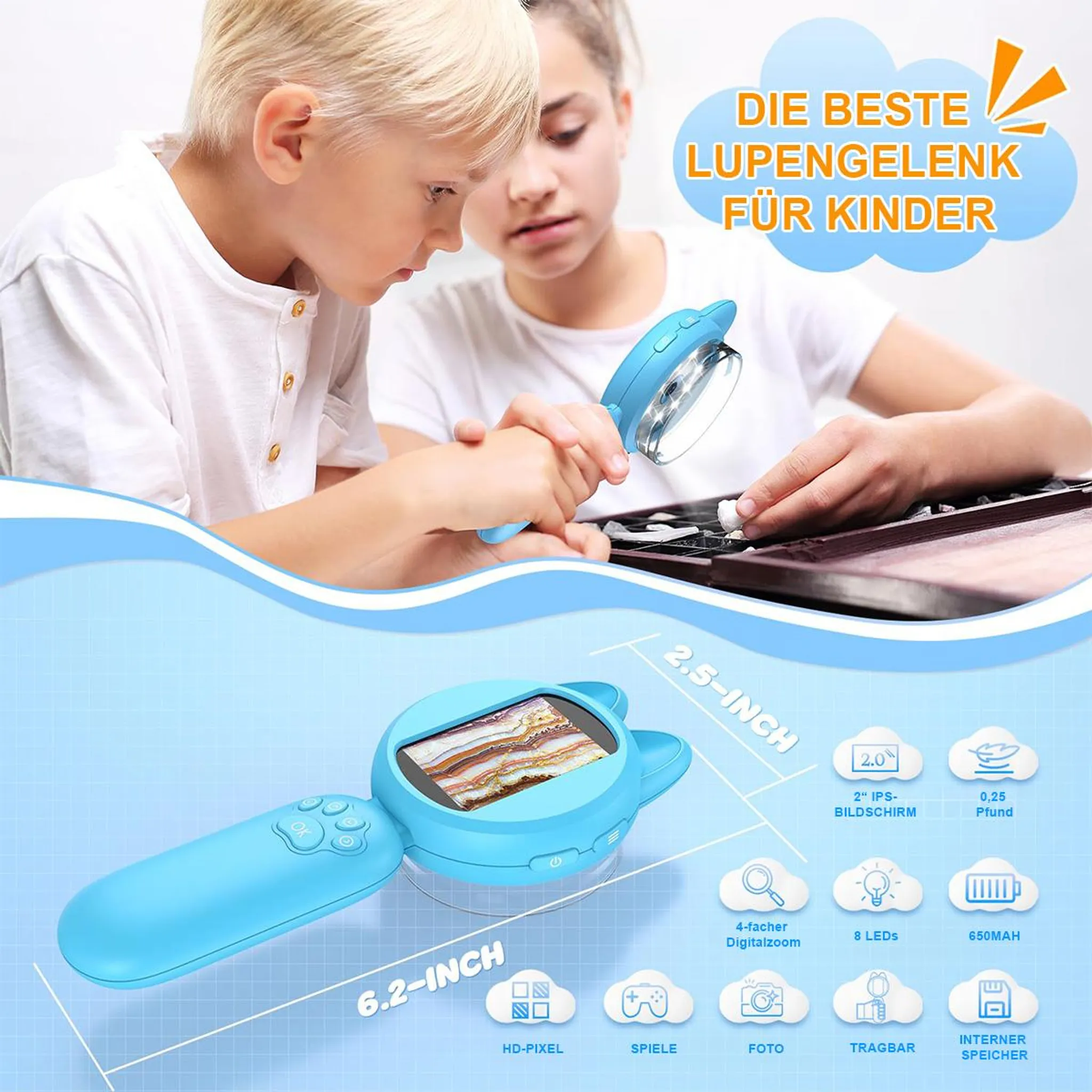 Zwei Kinder benutzen eine blaue Lupe. Sie hat einen Bildschirm und Knöpfe. Text: Die Beste Lupengelenk Für Kinder.