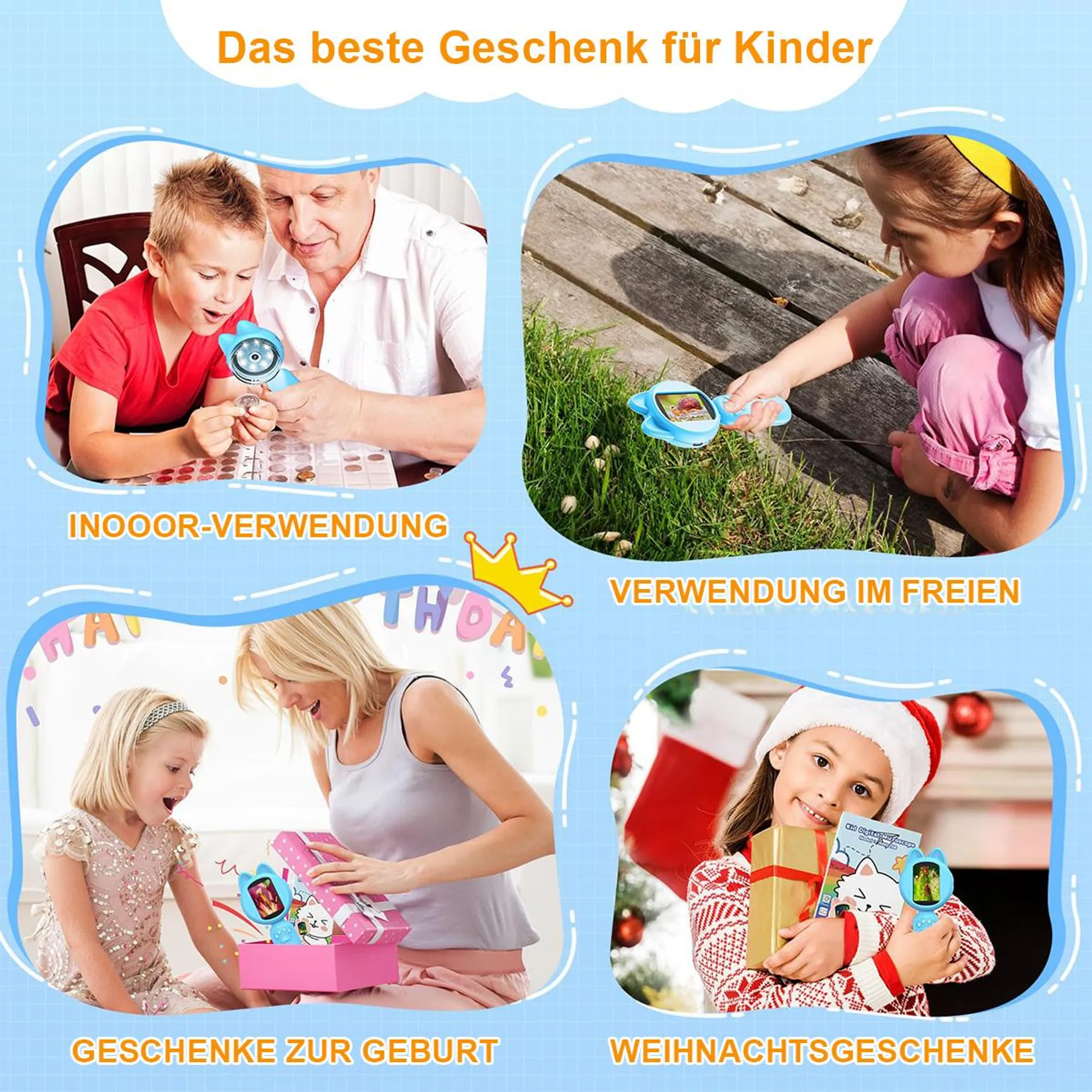 Werbebild zeigt Kinder, die ein blaues digitales Mikroskop verwenden. Szenen zeigen den Innen-, Außen-, Geburtstags- und Weihnachtsgebrauch.