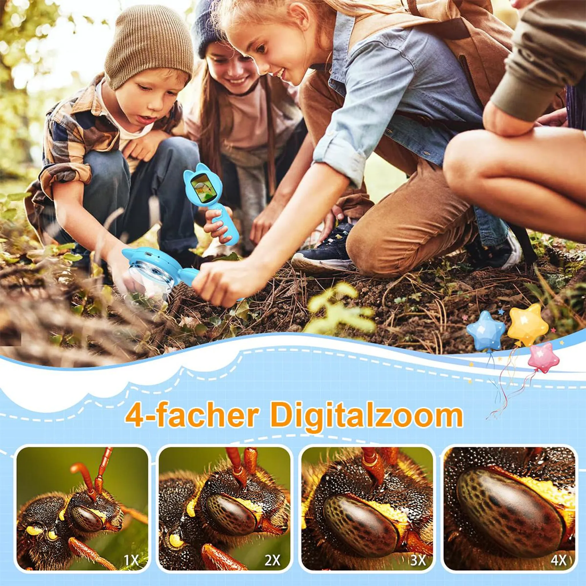 Kinder erforschen die Natur mit einem Vergrößerungsbetrachter. Nahaufnahmen zeigen Insekten. Sterne, Luftballons und Text.