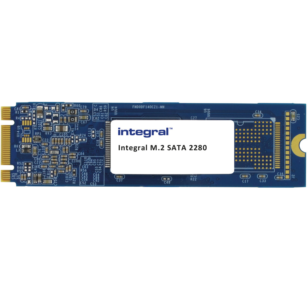 Un circuito stampato blu con il logo 'integral' e il testo 'Integral M.2 SATA 2280'. Presenta molti piccoli componenti elettronici.