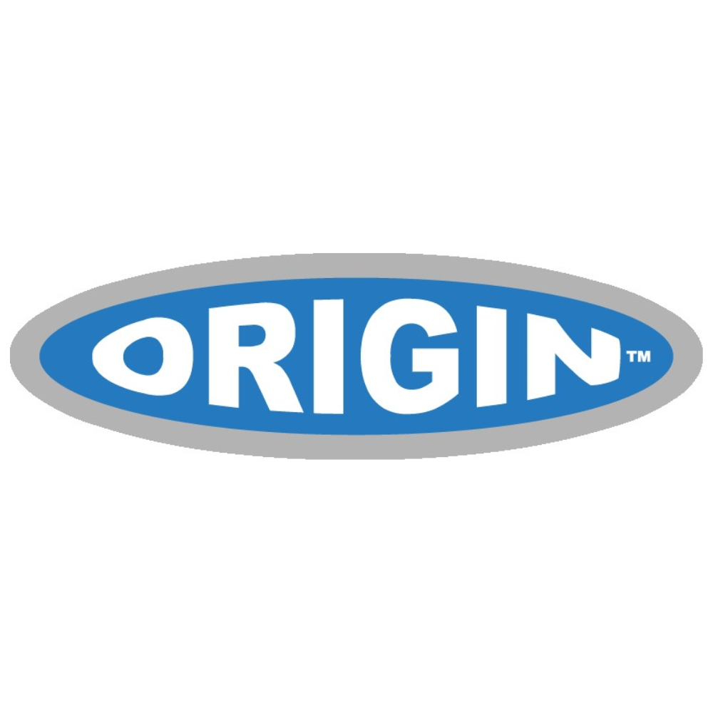 Il logo presenta 'ORIGIN' in bianco, all'interno di un ovale blu. Un bordo argentato circonda il blu. Lo sfondo è bianco.