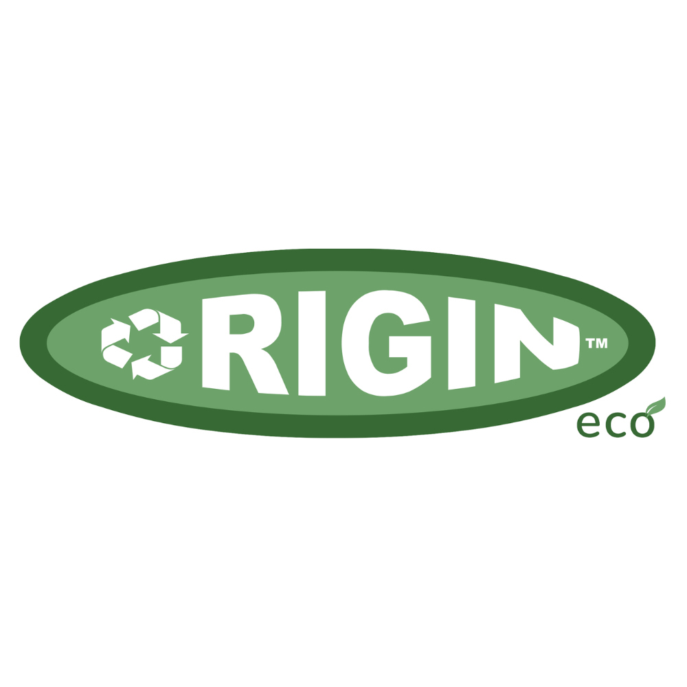 Logo ovale verde con 'ORIGIN' in bianco. Un simbolo di riciclo è a sinistra. 'eco' e una foglia a destra.