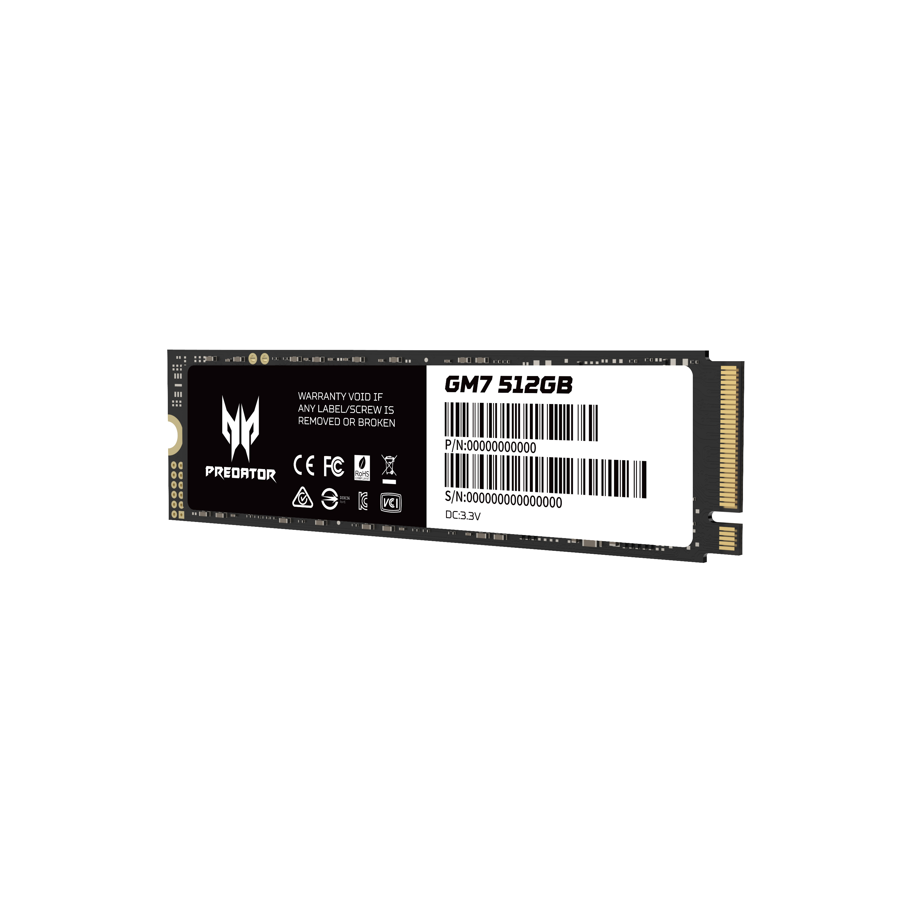 Un'unità SSD con logo Predator, modello GM7 512GB e codice a barre su sfondo bianco.