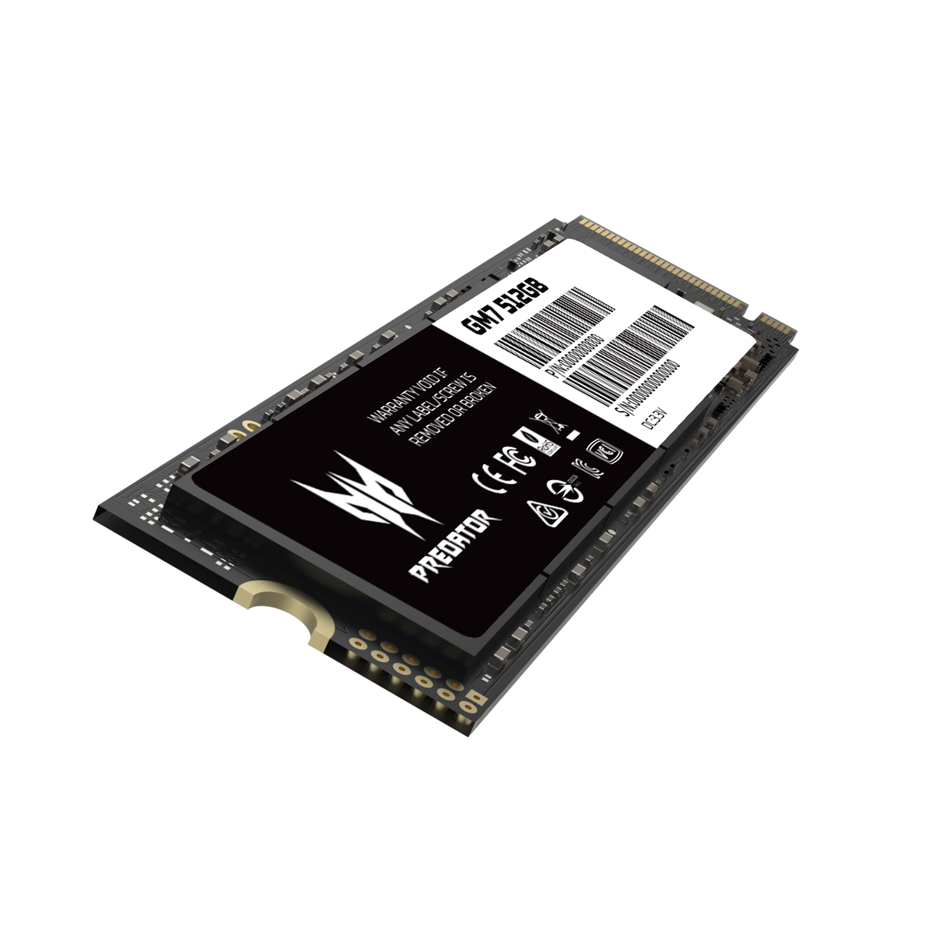 Vista angolata di un'unità SSD su sfondo bianco. È nera con testo bianco, incluso il marchio PREDATOR.