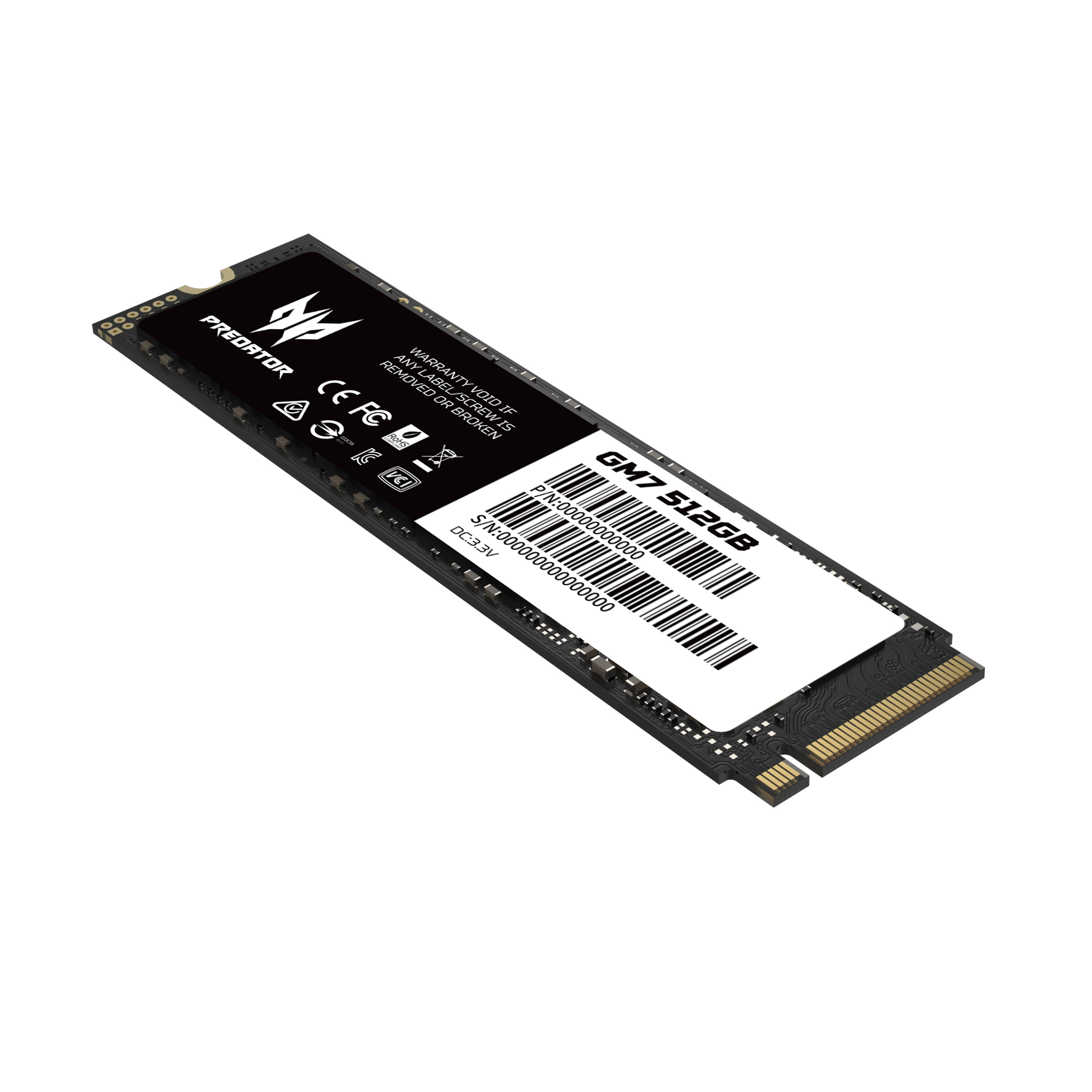 Un'unità SSD Predator GM7 512GB, PCB nero con testo bianco e codice a barre su sfondo bianco.