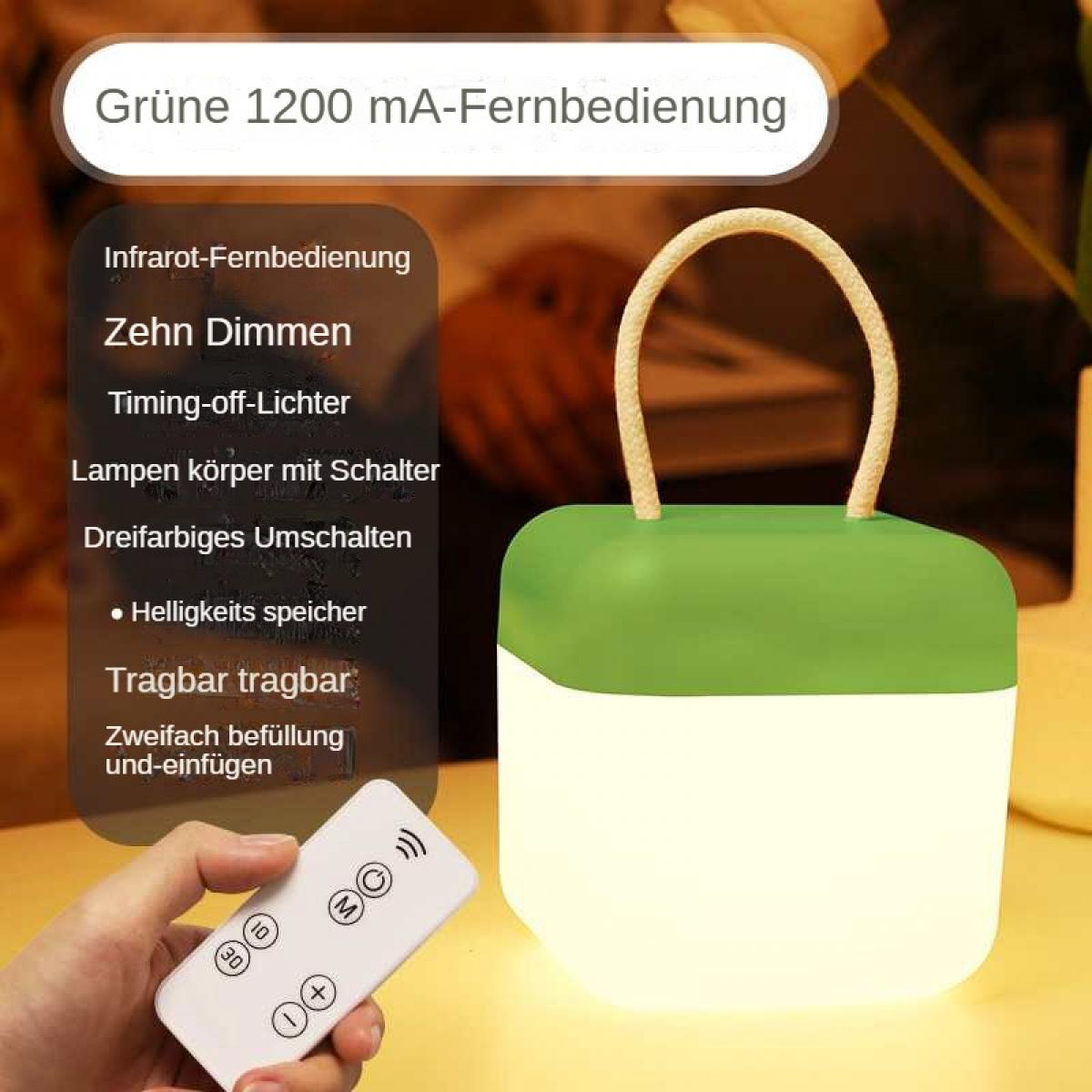 Eine grün-weiße Lampe mit Seilgriff. Eine Hand hält eine Fernbedienung. Text auf Deutsch beschreibt Merkmale.