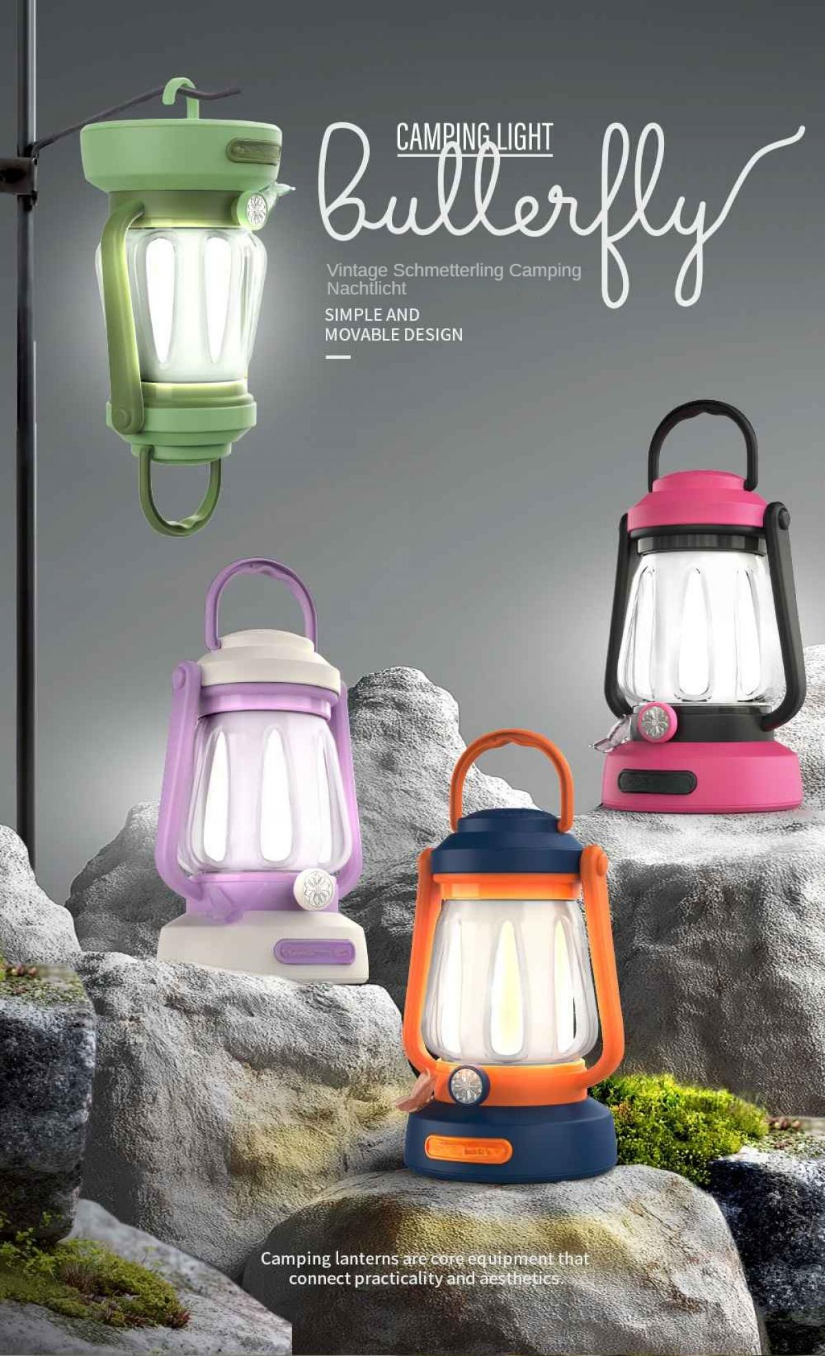 Das Bild zeigt Campinglaternen in verschiedenen Farben, die auf Felsen platziert sind. Der Text lautet 'Camping Light Butterfly'.