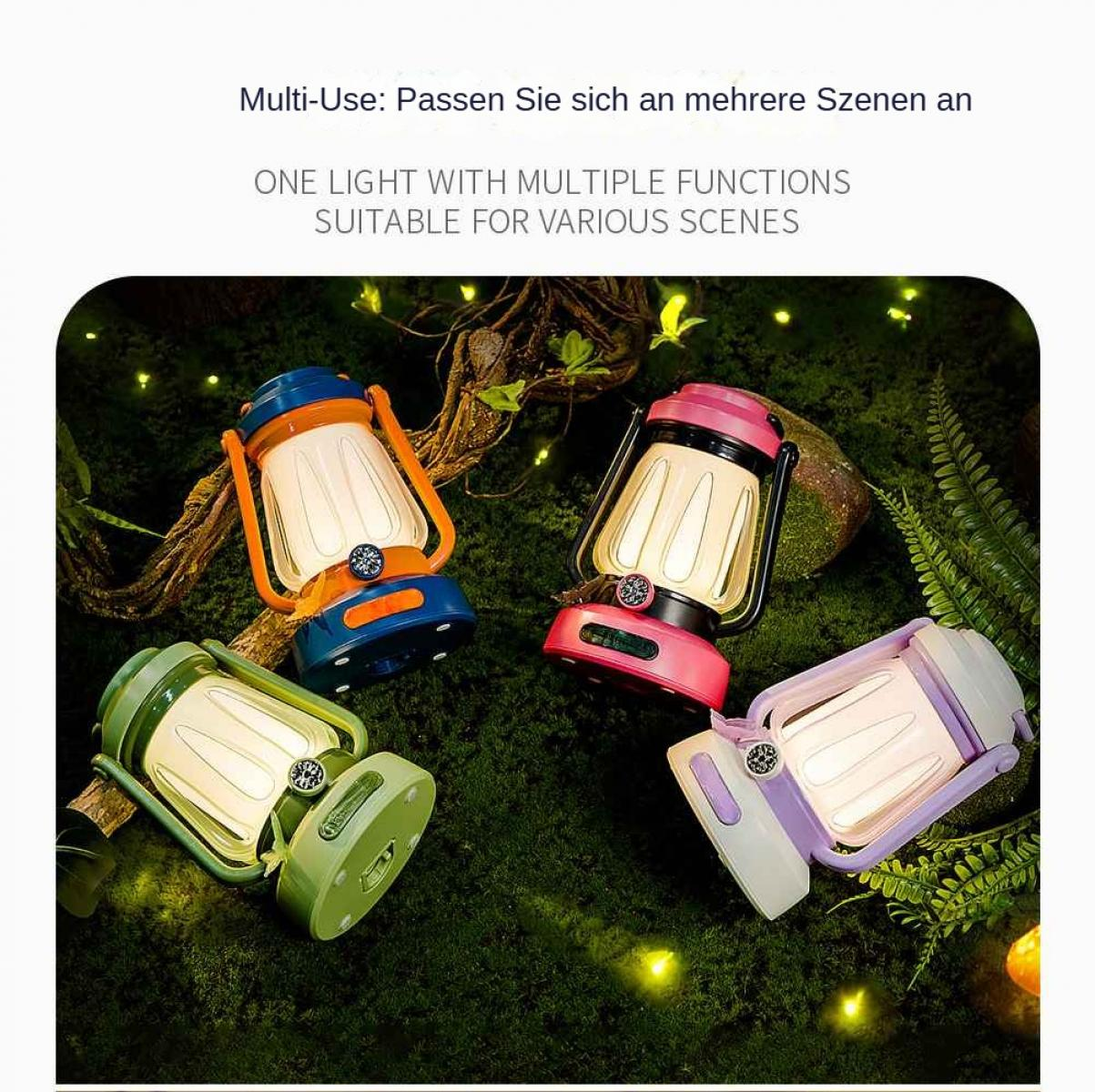 Vier bunte Laternen auf einer moosigen Oberfläche. Jede Laterne hat eine andere Farbe. Text oben: Multi-Use: Geeignet für verschiedene Szenen.