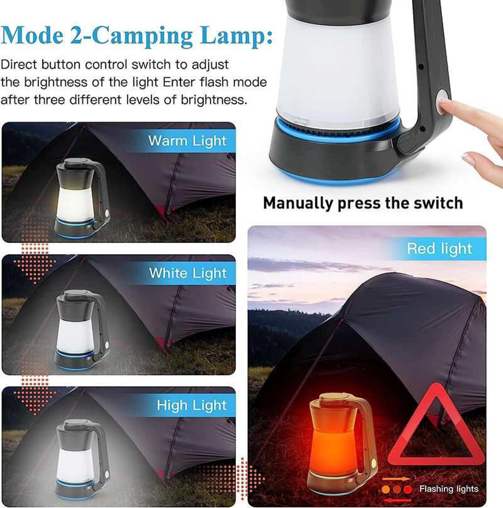 Campinglampe mit verschiedenen Lichtmodi. Enthält warme, weiße, hohe und rote Blinklichtoptionen. Eine Hand drückt den Schalter.