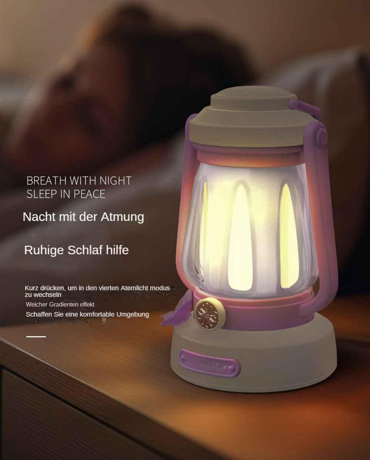 Eine leuchtende Laterne mit weißem Licht, rosa Akzenten und einem Griff steht auf einer Holzoberfläche. Text auf Deutsch und Englisch.