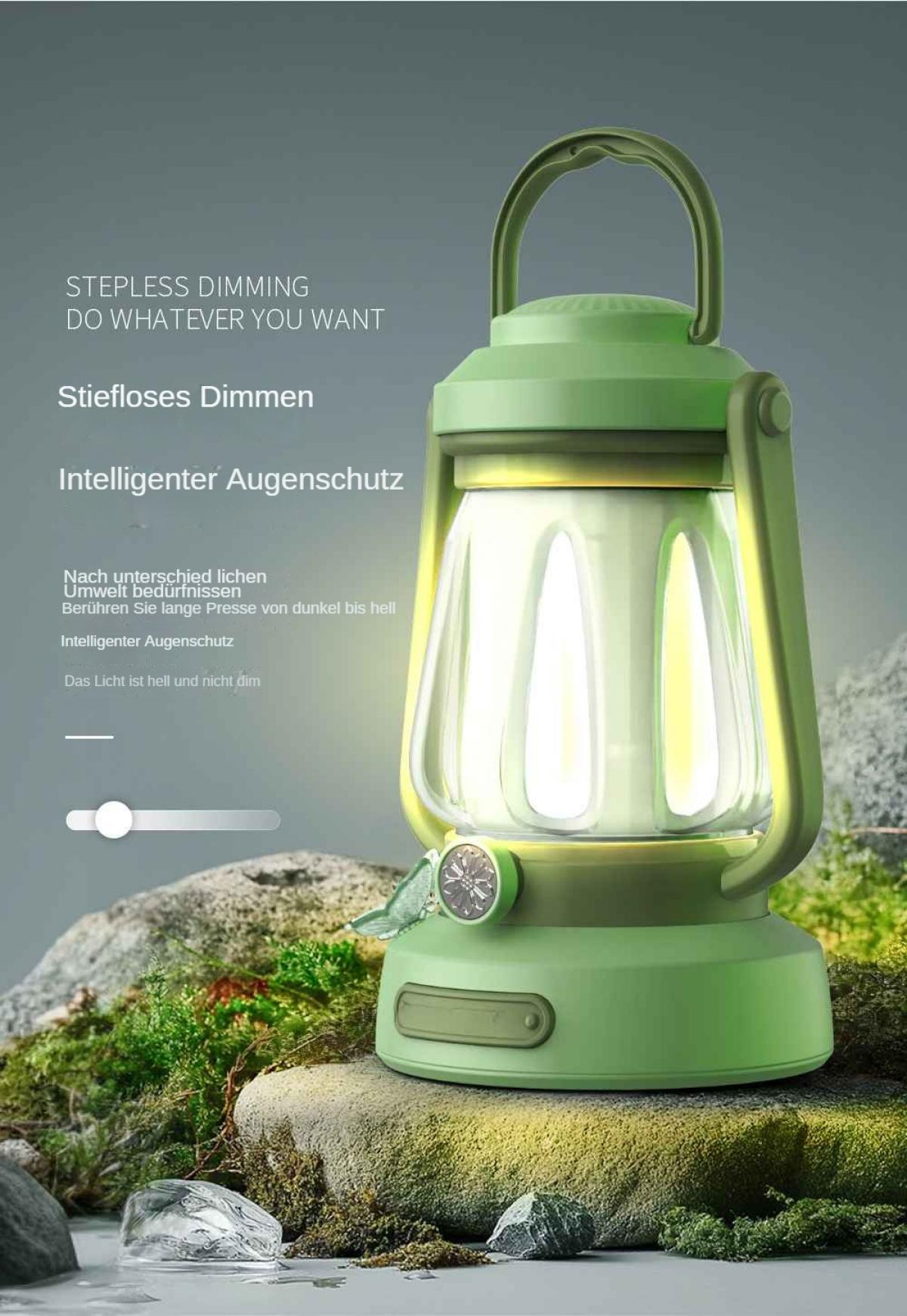 Eine grüne Laterne mit Griff steht auf einem Felsen mit Moos und Text über Dimmoptionen.