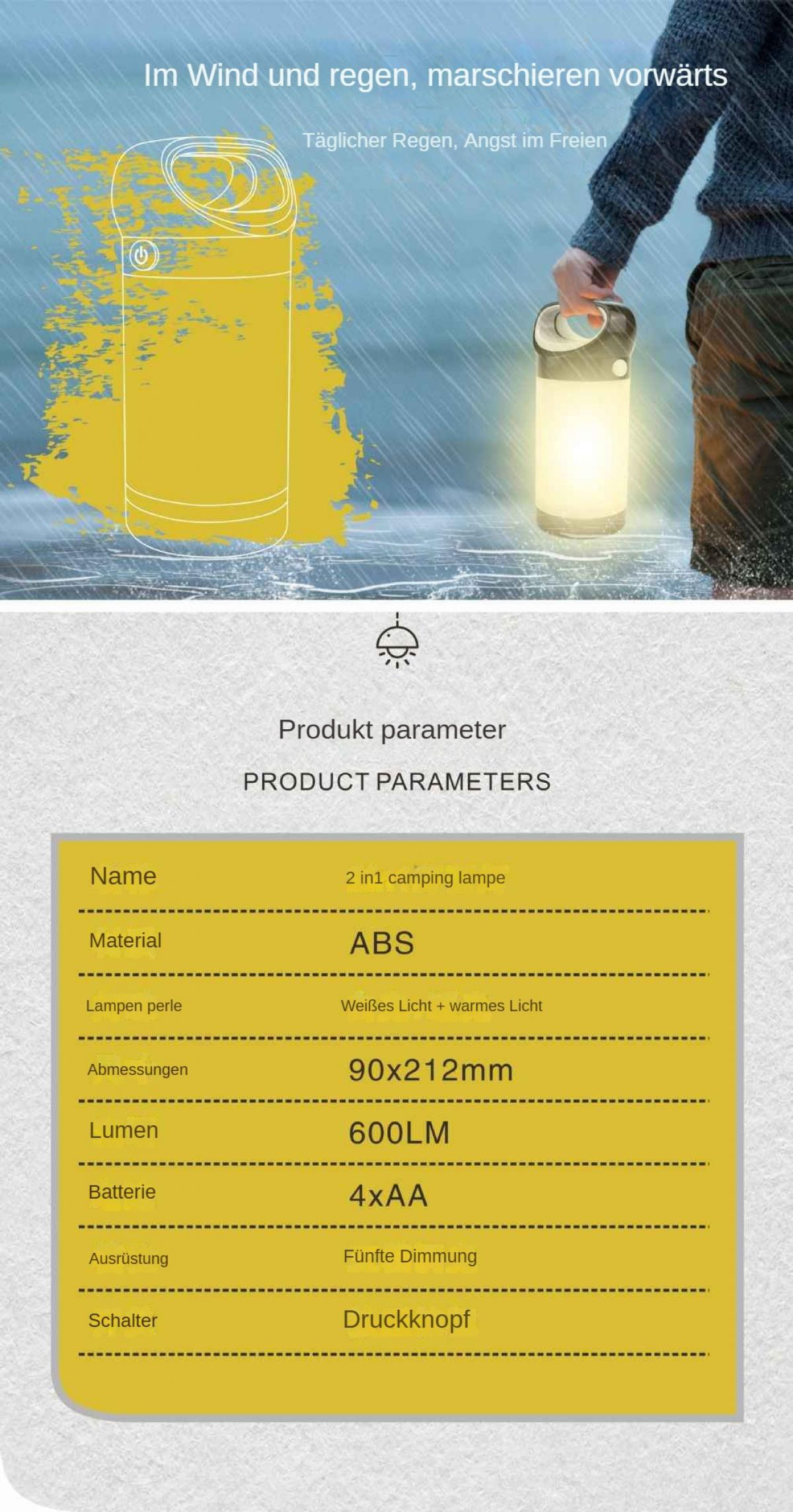 Eine Person hält eine leuchtende Campinglampe. Das Bild zeigt Produktparameter, einschließlich Abmessungen, Lumen und Batterietyp.