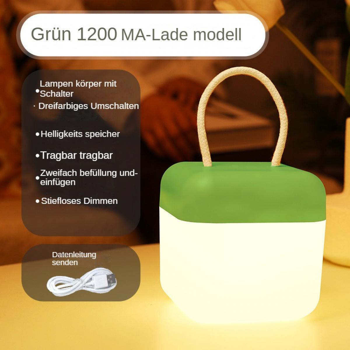 Eine grün-weiße Lampe mit Seilgriff. Der Text lautet 'Grün 1200 MA-Lade modell' und beschreibt Funktionen.