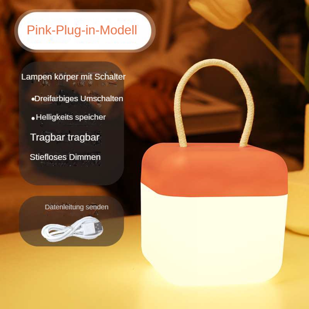 Eine rosa und weiße Lampe mit Seilgriff. Deutscher Text beschreibt Funktionen wie Farbwechsel und Dimmen.