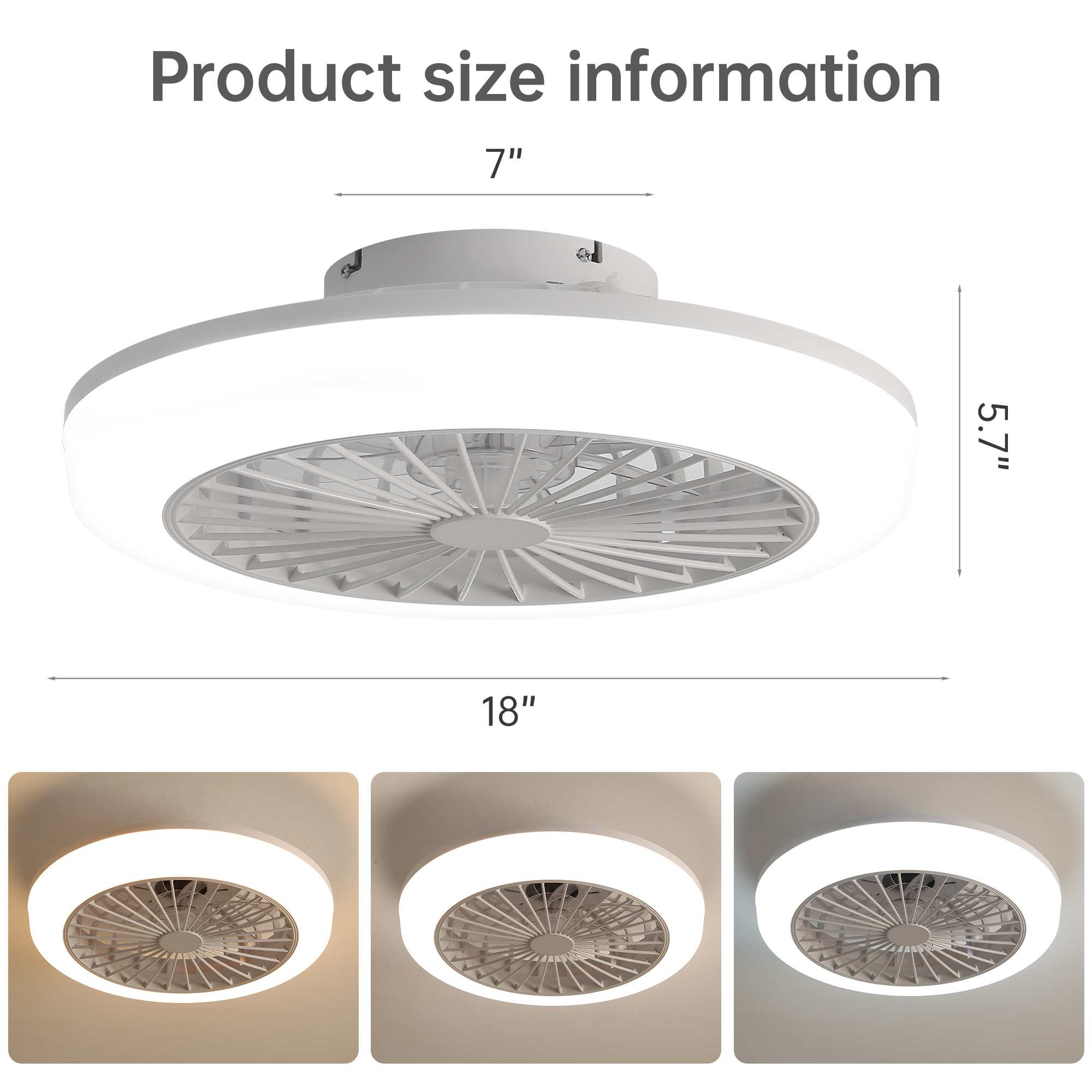 Deckenventilator mit Licht. Abmessungen: 18" Durchmesser, 7" Breite und 5,7" Höhe. Produktgrößeninformationen werden angezeigt.