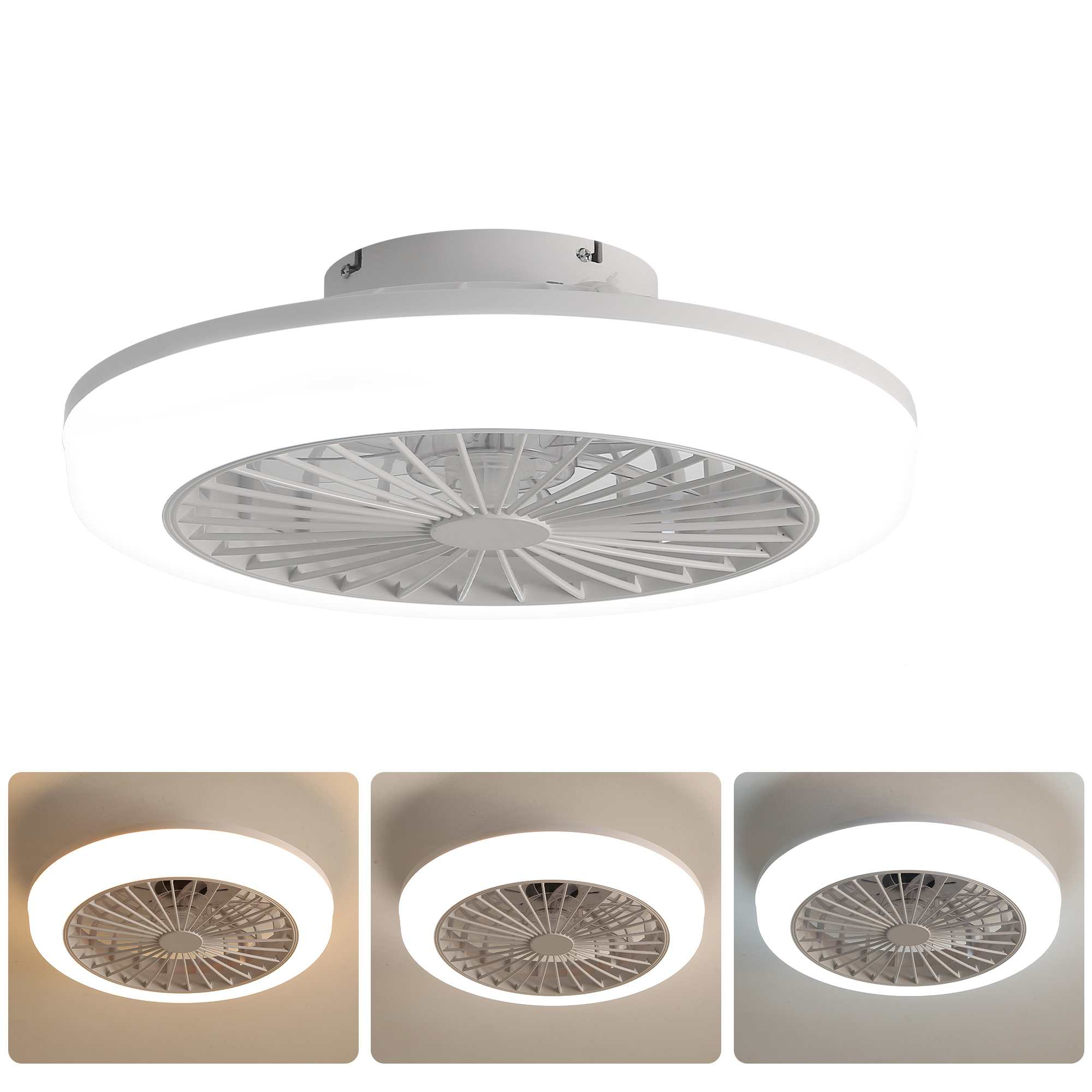 Weißer Deckenventilator mit integriertem Licht. Enthält drei Detailbilder mit Lichtvarianten.