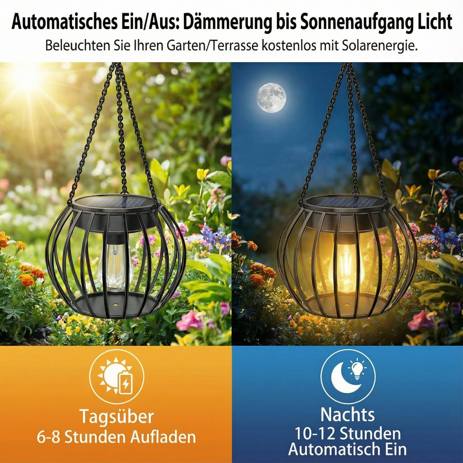 Schwarze Solar-Laterne, Käfig-Design, an Ketten hängend, im Garten. Tag- und Nachtszenen. Vollmond bei Nacht.