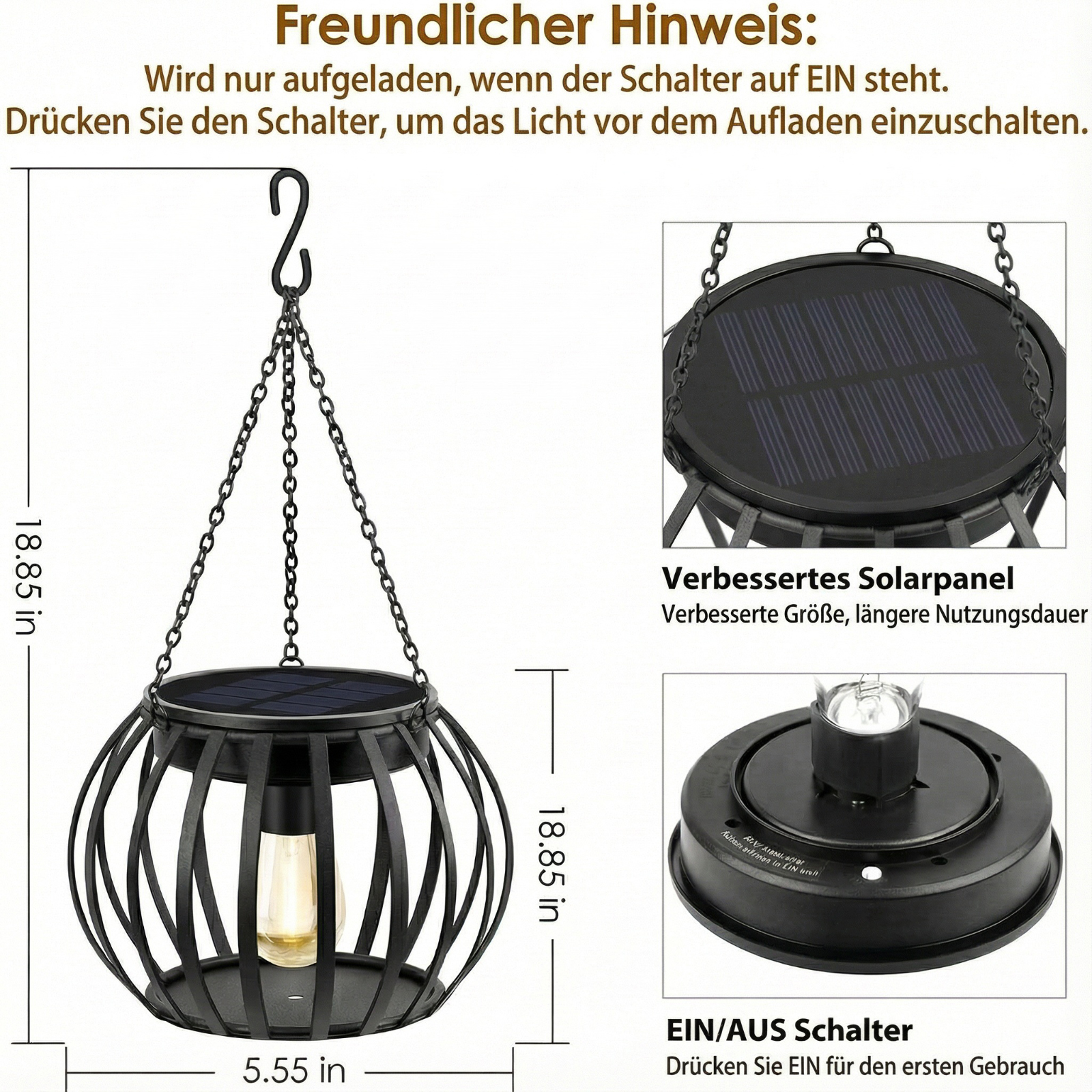 Schwarze Solar-Laterne mit Glühbirne. Sie hat eine Kette zum Aufhängen. Das Bild zeigt auch Produktdetails.