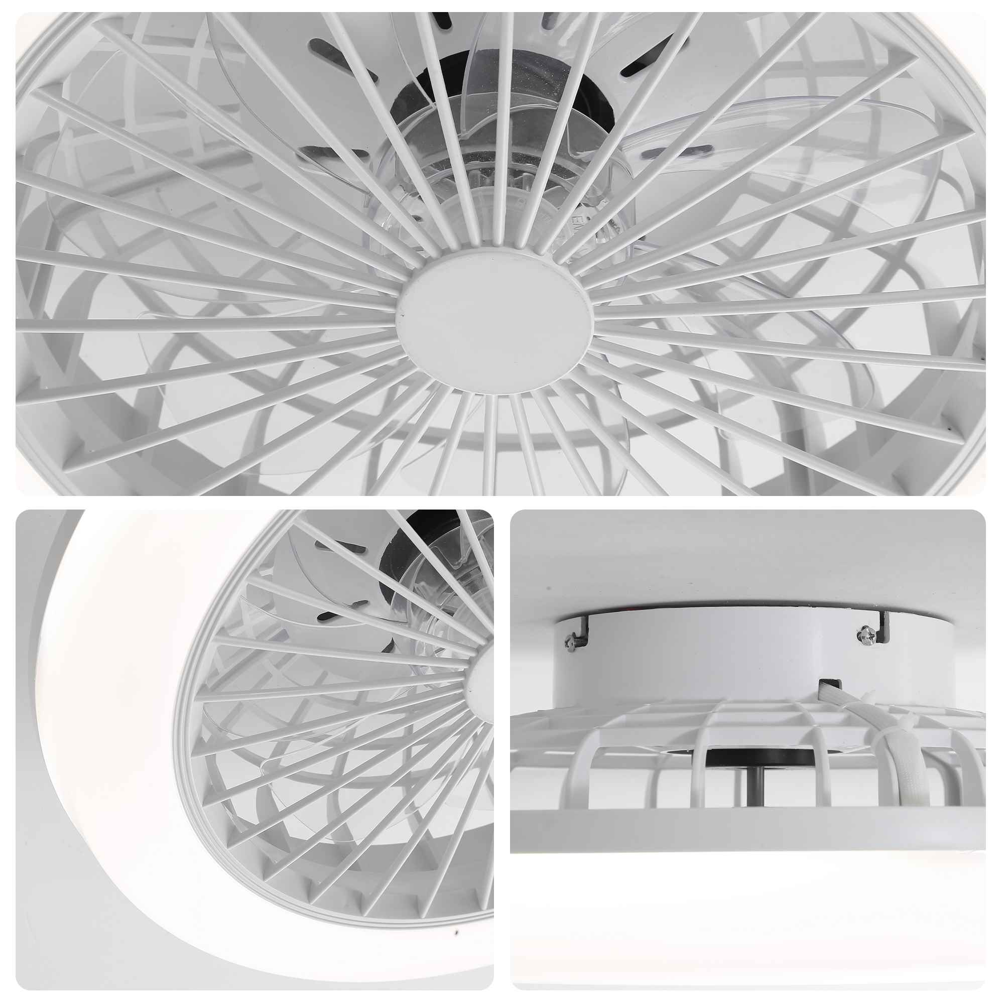 Nahaufnahme eines weißen Deckenventilators mit integrierter Beleuchtung. Die Lüfterblätter und das Gehäuse sind weiß.
