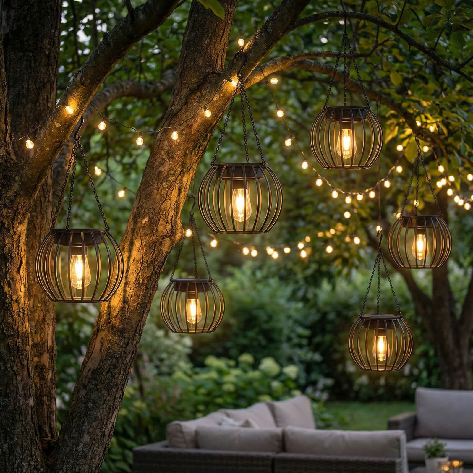 Szene im Freien mit hängenden Laternen und Lichterketten in einem Baum. Im Hintergrund ein Sofa und Grün.