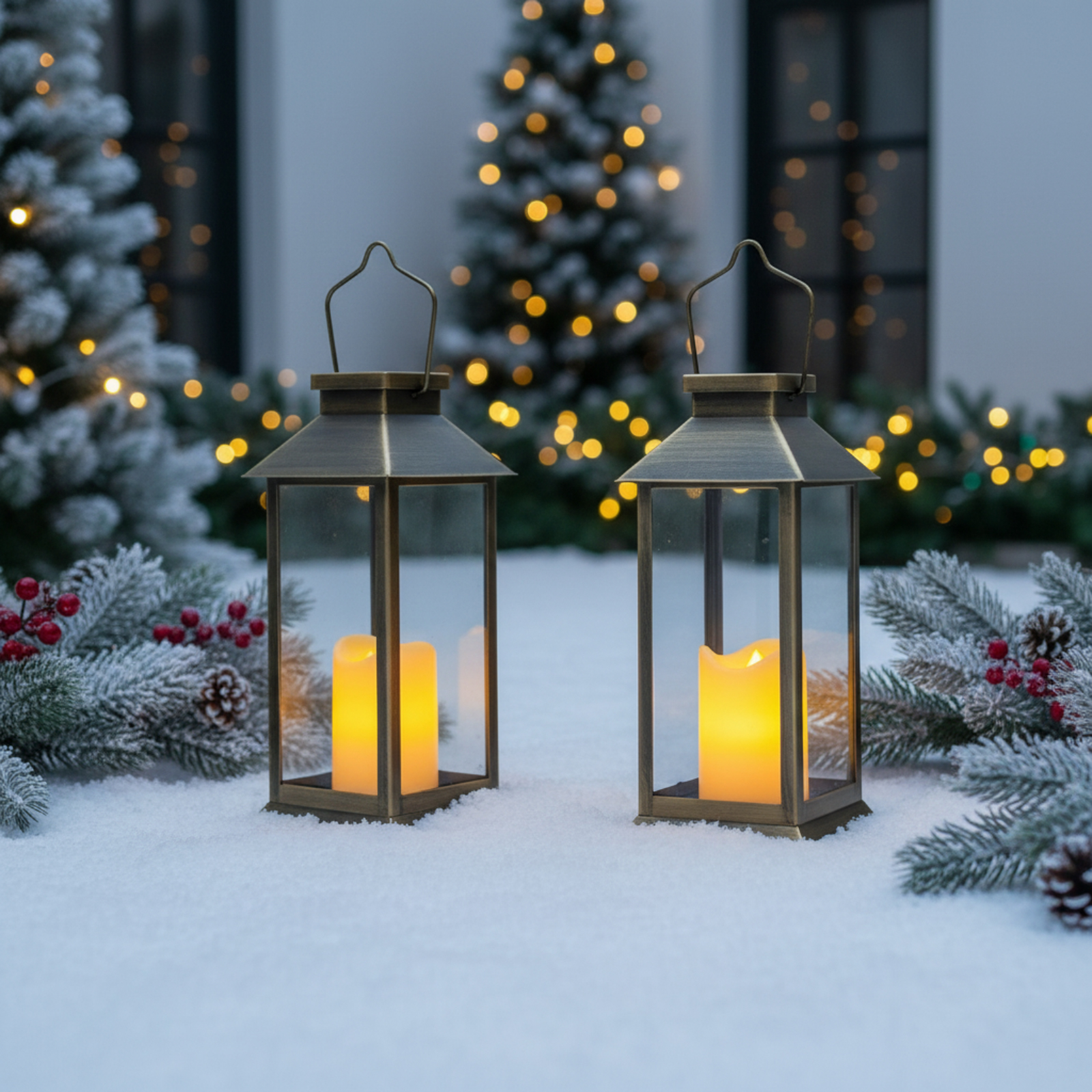 Zwei Laternen mit brennenden Kerzen im Schnee. Weihnachtsdeko mit gefrorenen Kiefern und Lichtern im Hintergrund.
