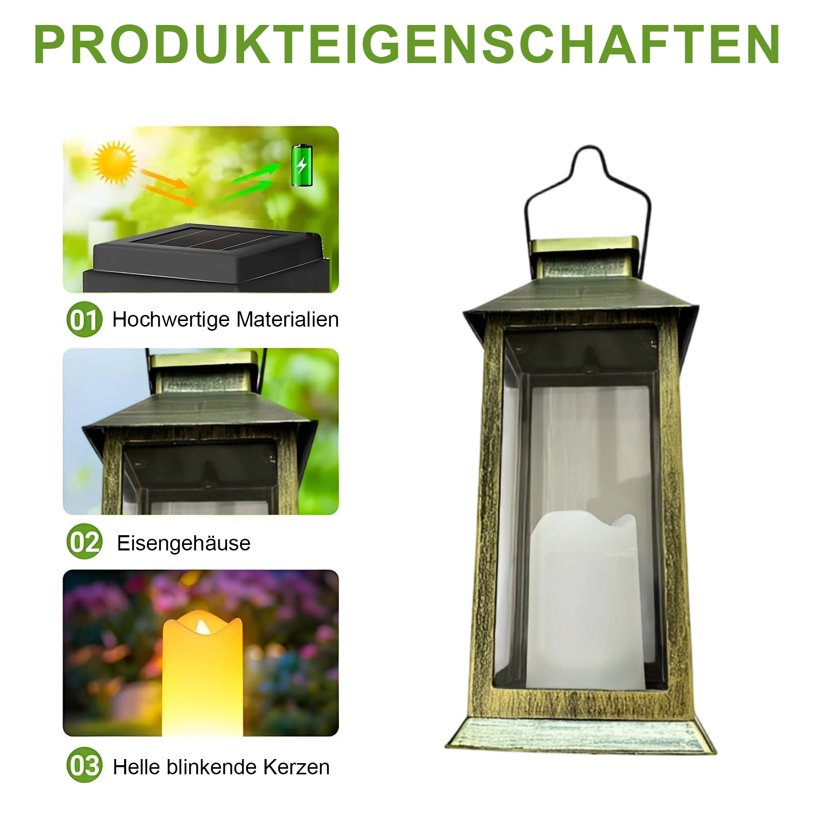 Eine Laterne mit einer Kerze im Inneren. Text: Produkteigenschaften. Bilder zeigen Solarpanel, Laterne und eine Kerze.