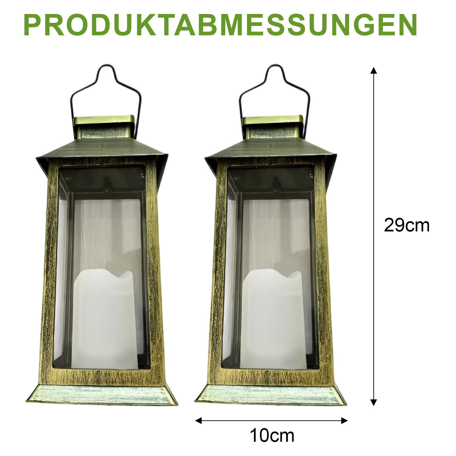 Zwei dekorative Laternen mit Kerzen, Abmessungen 29 cm hoch und 10 cm breit, vor weißem Hintergrund.