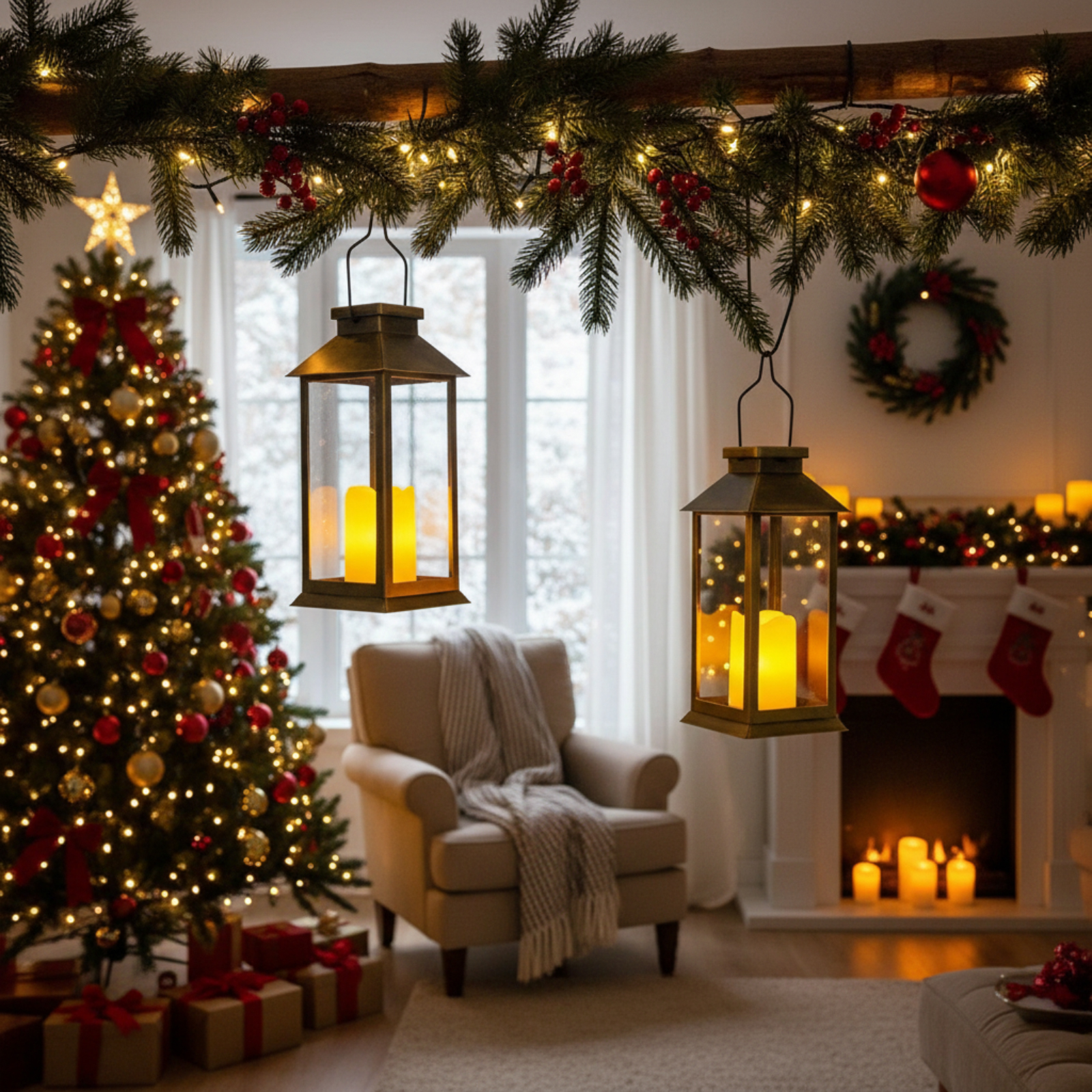 Eine dekorierte Weihnachtsszene mit Baum, Laternen, Kamin und Girlande. Warme Beleuchtung sorgt für eine gemütliche Atmosphäre.