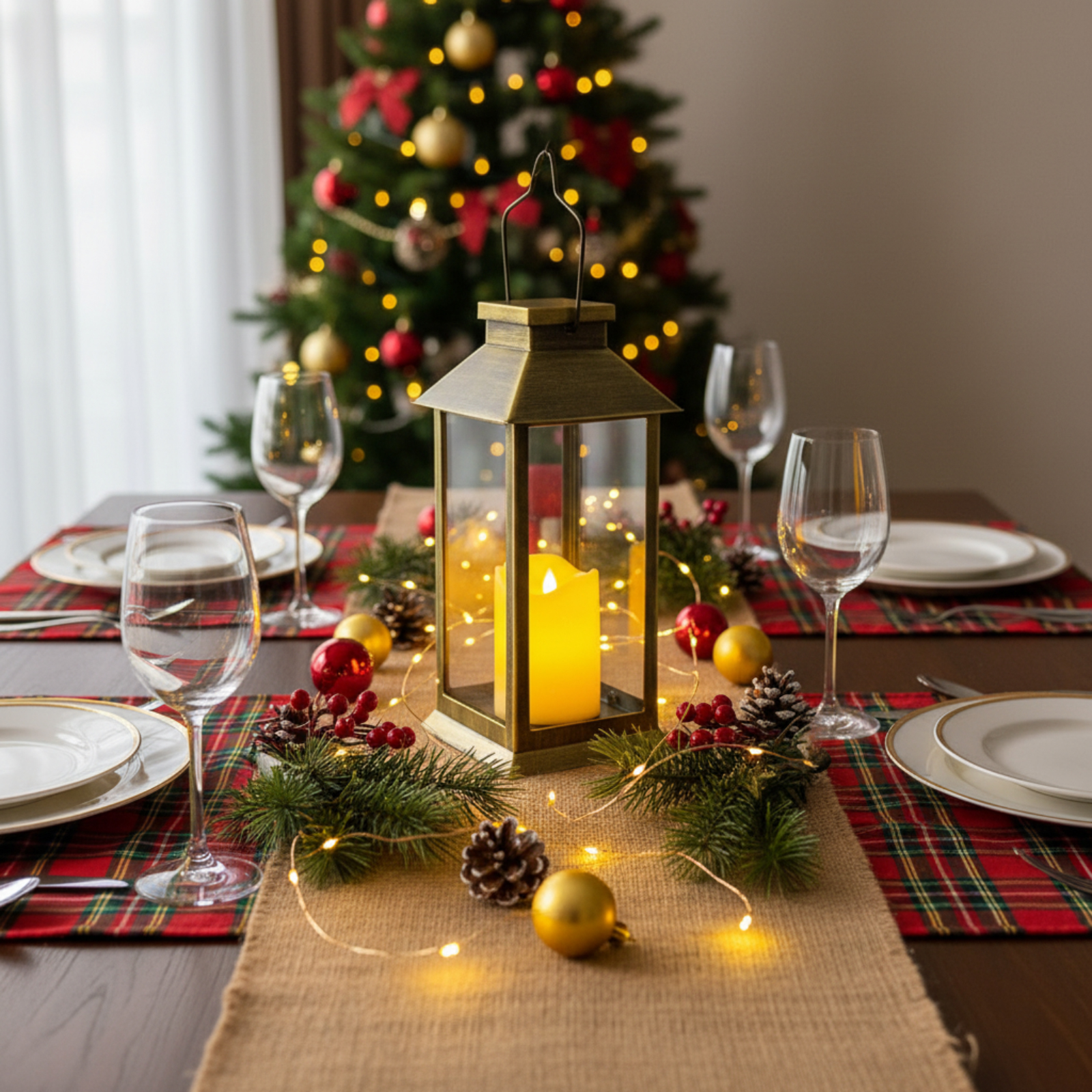 Festliche Tischdekoration mit Kerze in Laterne, Weihnachtsbaum im Hintergrund, Gläser und Teller.