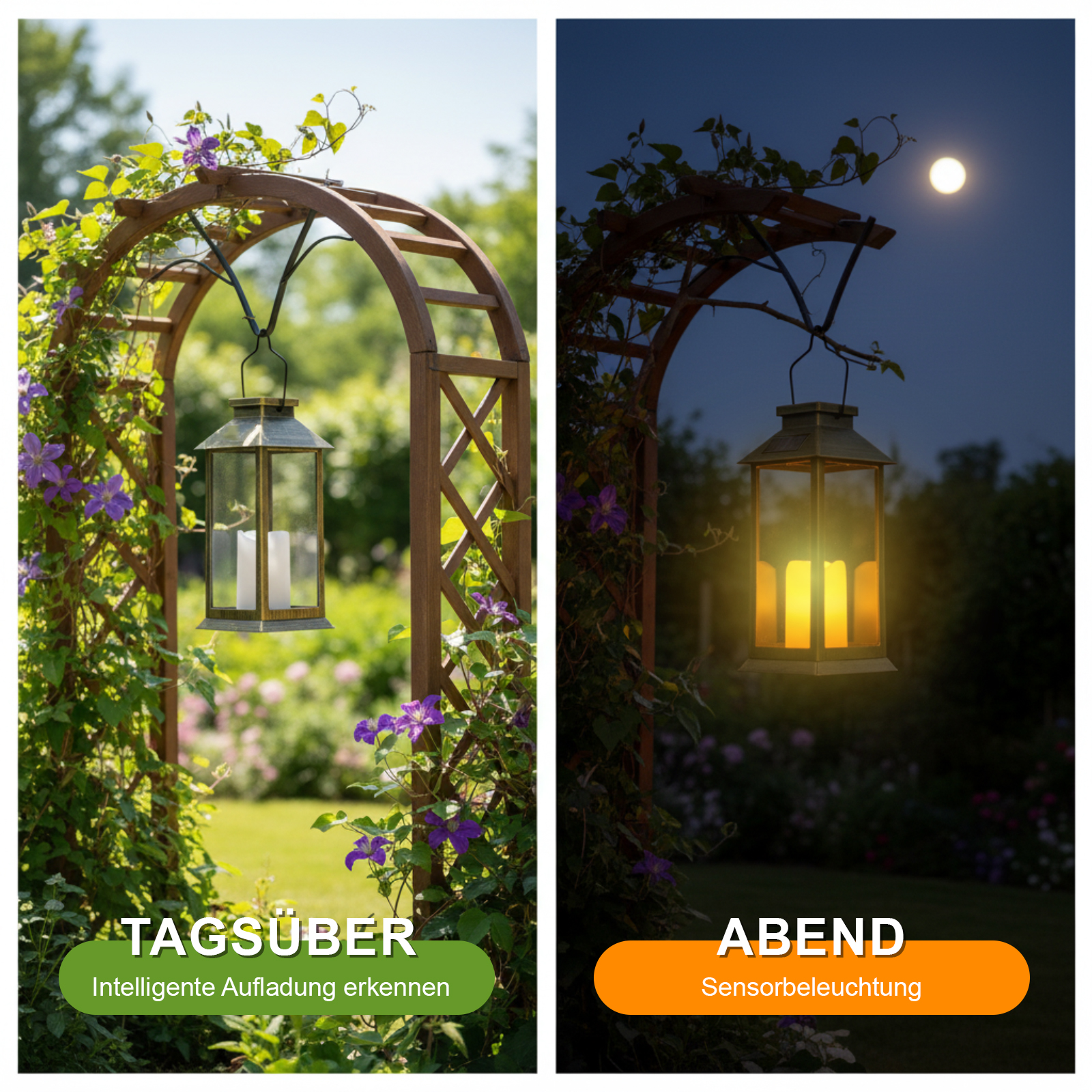 Holzbogen mit Laterne und lila Blumen. Tag- und Nachtszenen. Eine zeigt Sonne, die andere Mond.