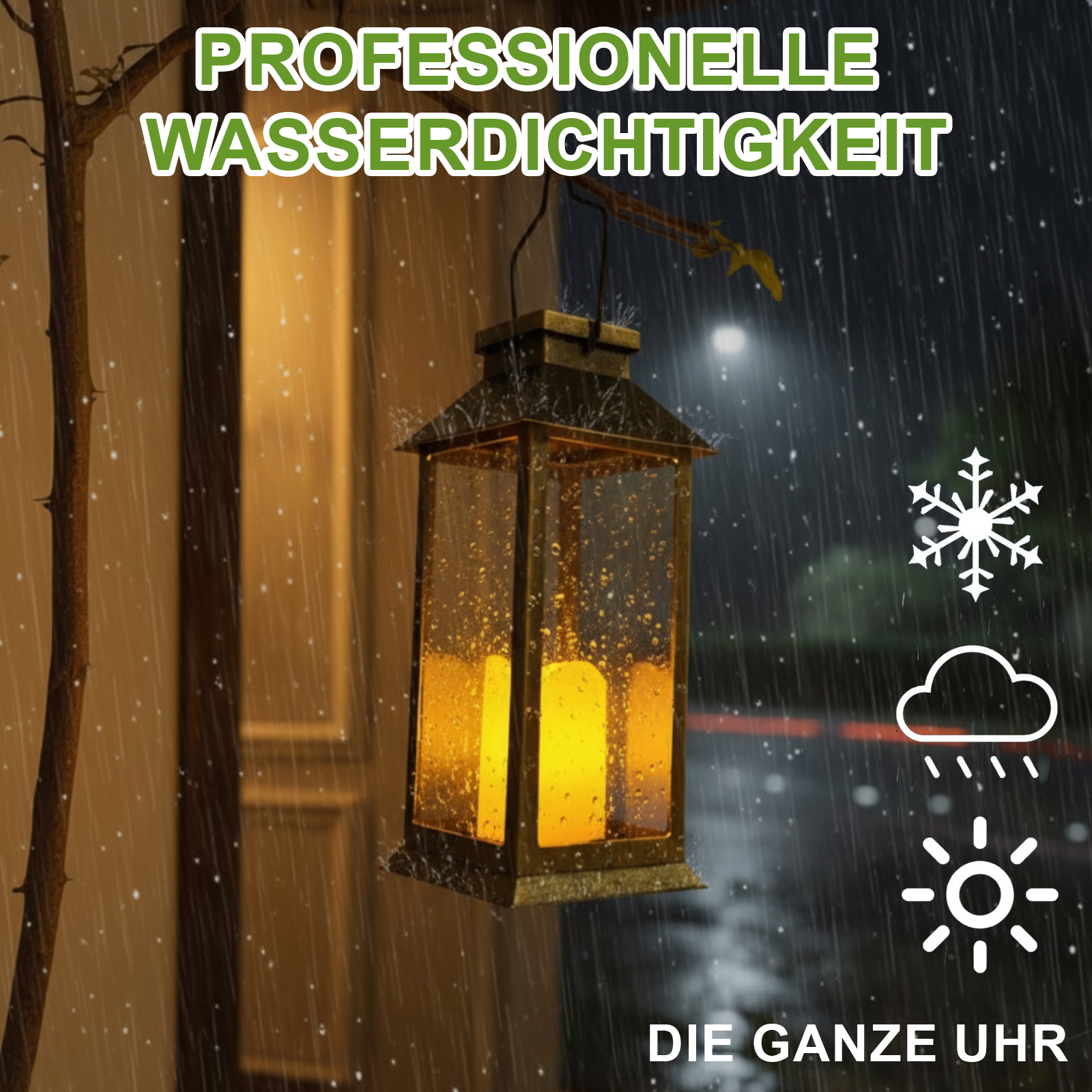 Eine Laterne im Regen. Text sagt 'Professionelle Wasserdichtigkeit'. Icons zeigen Schnee, Regen und Sonne.