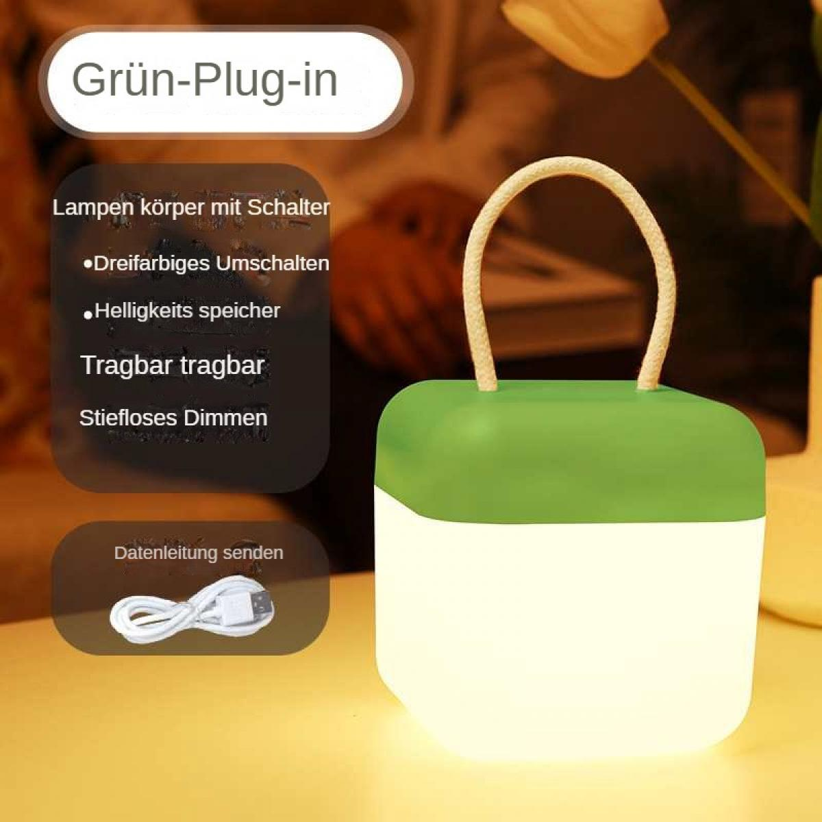 Eine grün-weiße Lampe mit Seilgriff. Deutscher Text beschreibt Funktionen wie Schalter, Farboptionen und Dimmung.